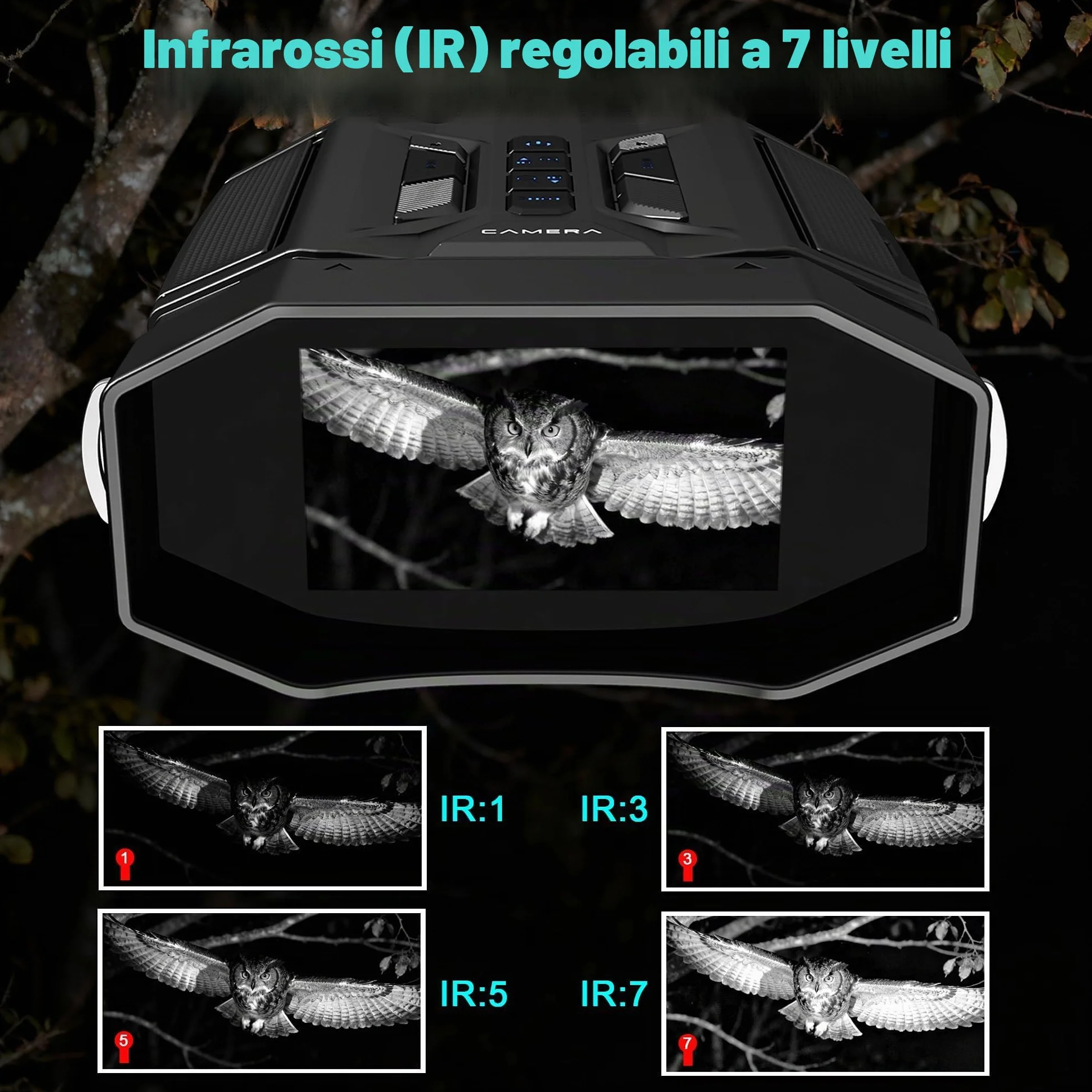 Visore Notturno con Scheda 32GB, Binocolo Visione Notturna Zoom 8X, Schermo 3.0'', Video Binocolo Interattivo Batteria 4000mAh, IR 7 Livelli, Regalo Uomo & Papà