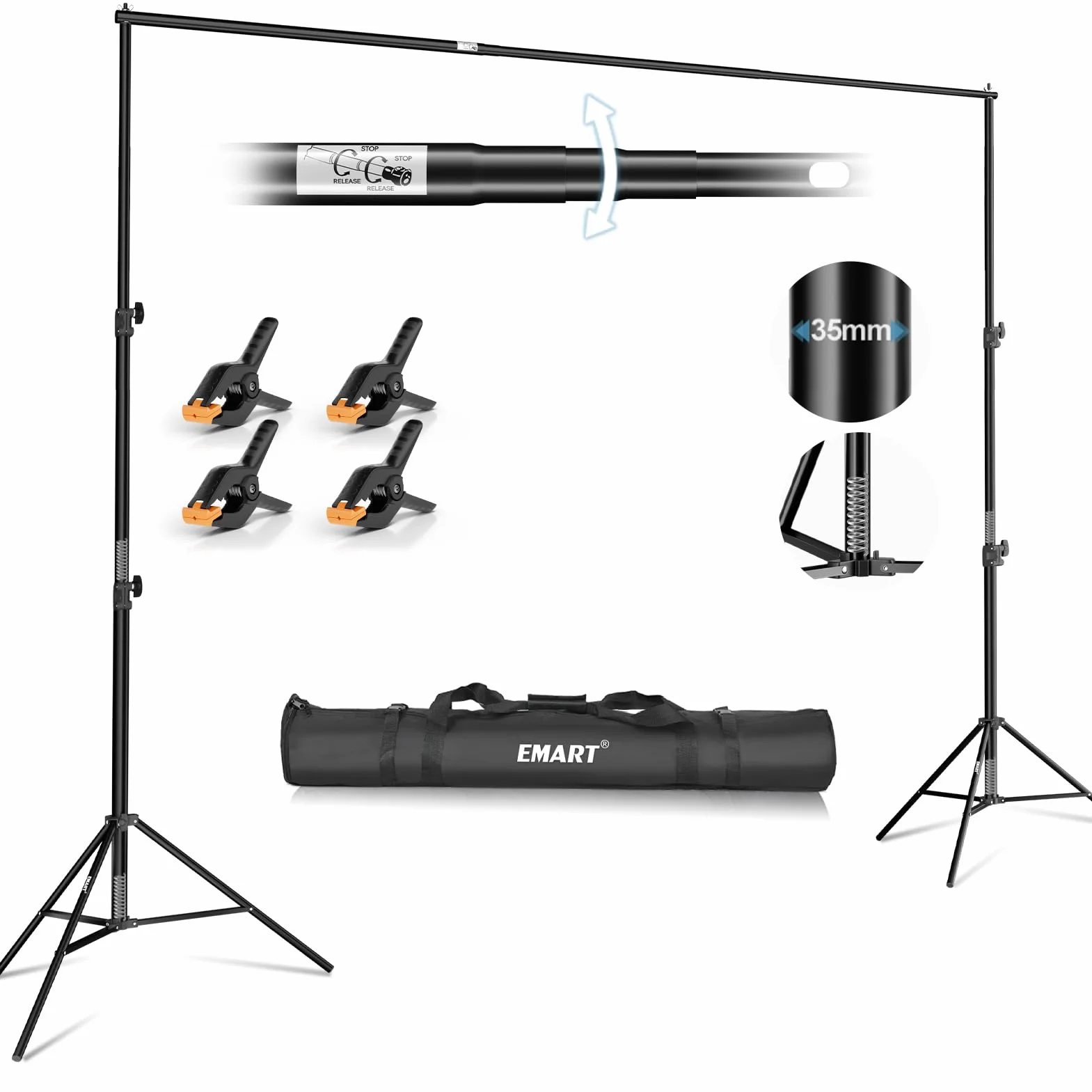 EMART 3 x 3 m Supporto per Sfondo Fotografico, Kit di Supporti di Fondale Regolabile con Pacchetto di Trasporto per Studio, Fotografia di Prodotti, Registrazione Video