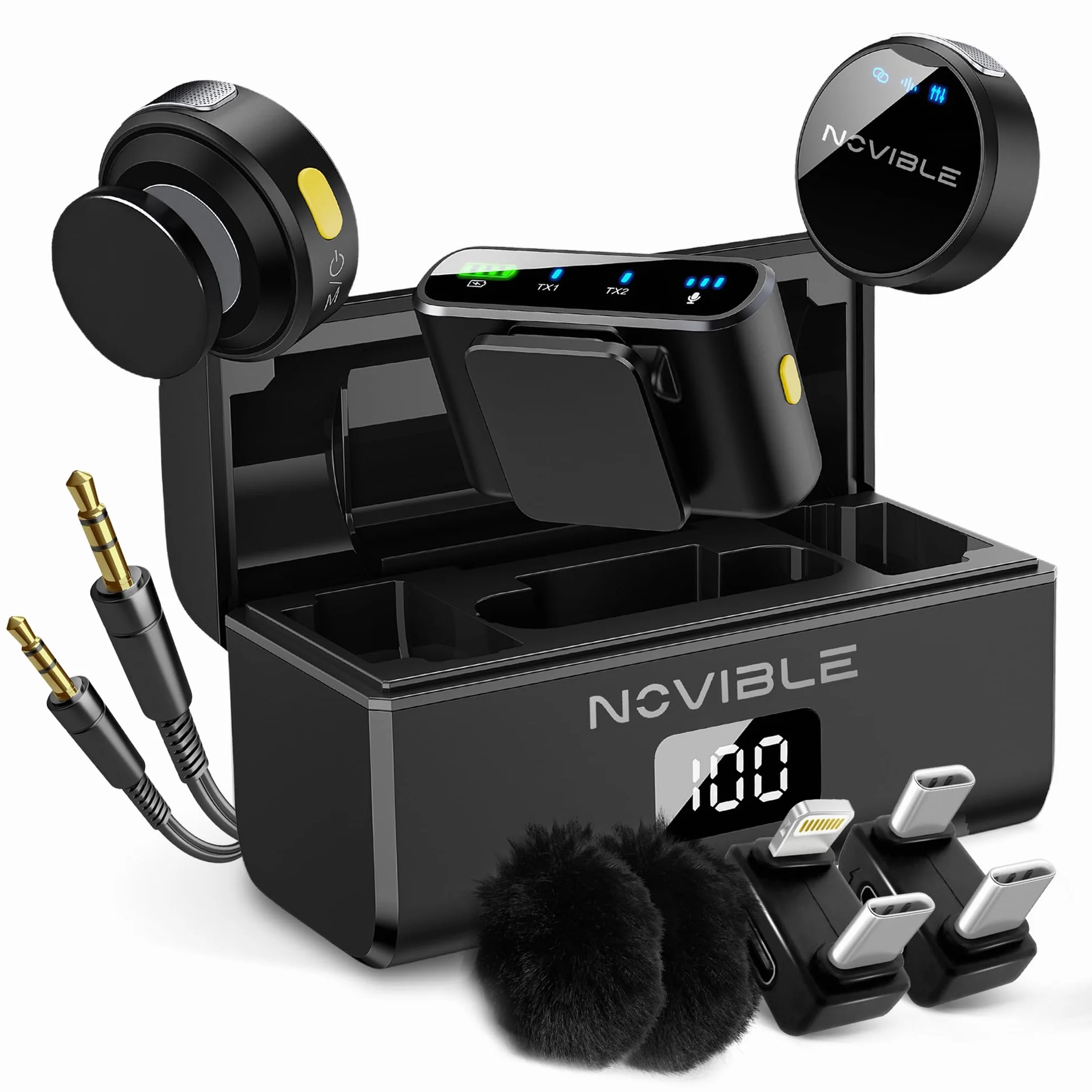 Microfono Lavalier Wireless per iPhone, Android, Fotocamera, PC - Audio Chiaro, Cancellazione Rumore, Portata 100 m - Autonomia 25 h con Custodia di Ricarica
