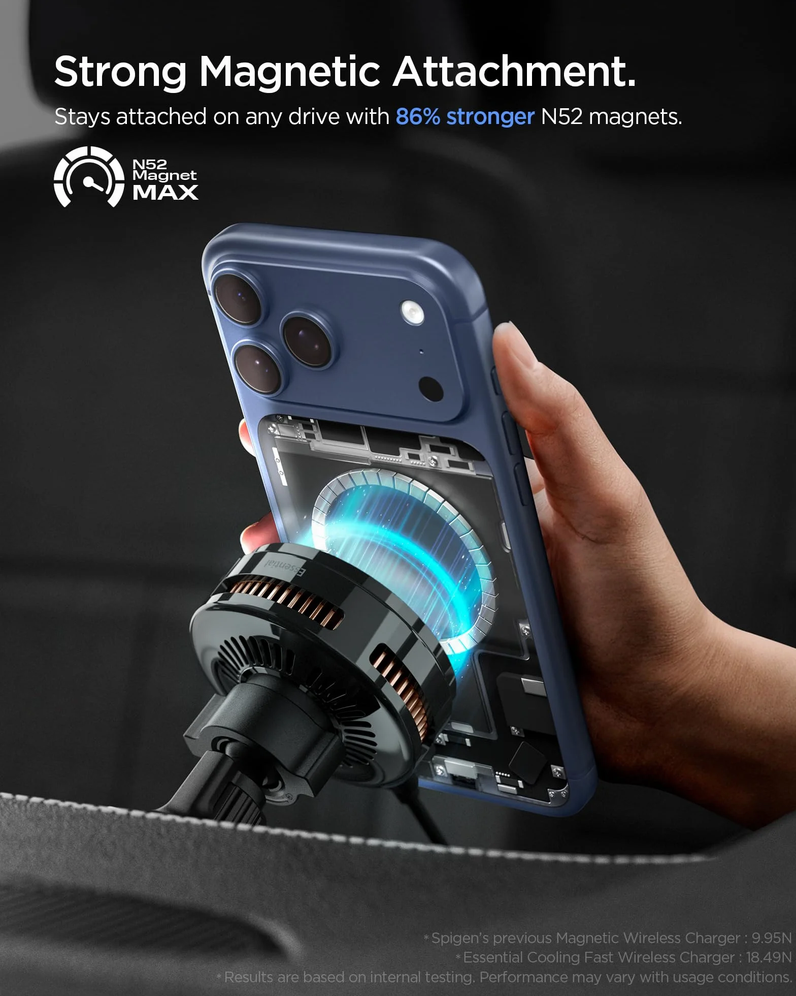 Spigen Essential CryoMax MagFit Qi2.2 25W [Raffreddamento Peltier] Caricatorer Wireless Auto per Cellulare, Cavo Incluso, Supporto Telefono Ricarica MagSafe Compatibile con iPhone 17/17e/16/15/14