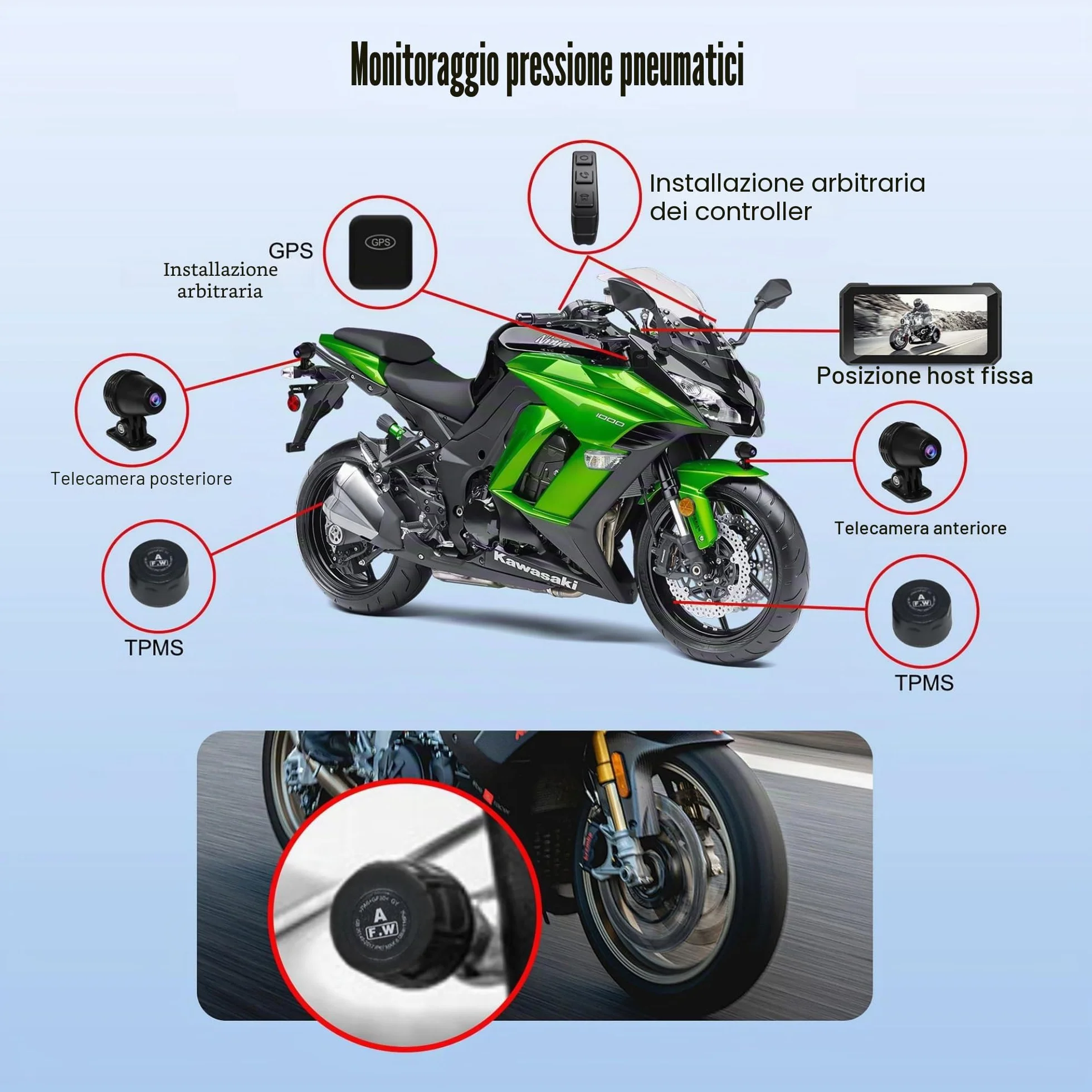 Navigatore GPS Moto 6,2 Pollici Doppia Fotocamera CarPlay Wireless Android Auto Impermeabile IPX6 TPMS BT5.0