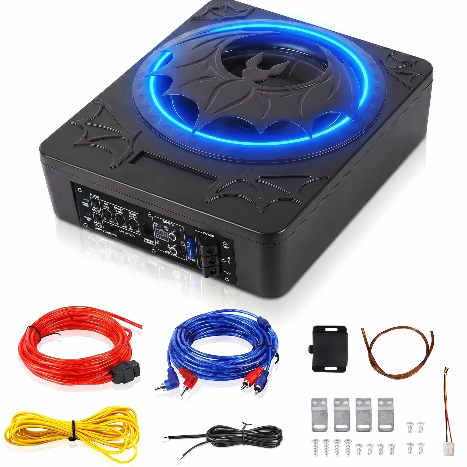 SIXWIN Subwoofer 1200W, 10 Pollici Subwoofer Sottosedile Piatto per Auto con Amplificatore Integrato, Sistema Audio per Auto, Controllo Personalizzato dell’Enfasi dei Bassi, Bassi Profondi