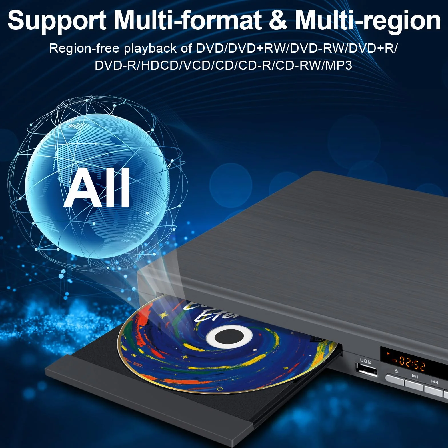 Lettore DVD Compatto per TV, JOVELL Lettore DVD CD per Casa con Uscita Coassiale/HDMI/RCA | Riproduttore DVDs e CD con Ingresso USB, Sistema TV NTSC/PAL, Riproduce Tutte le Regioni (No Blu-ray)