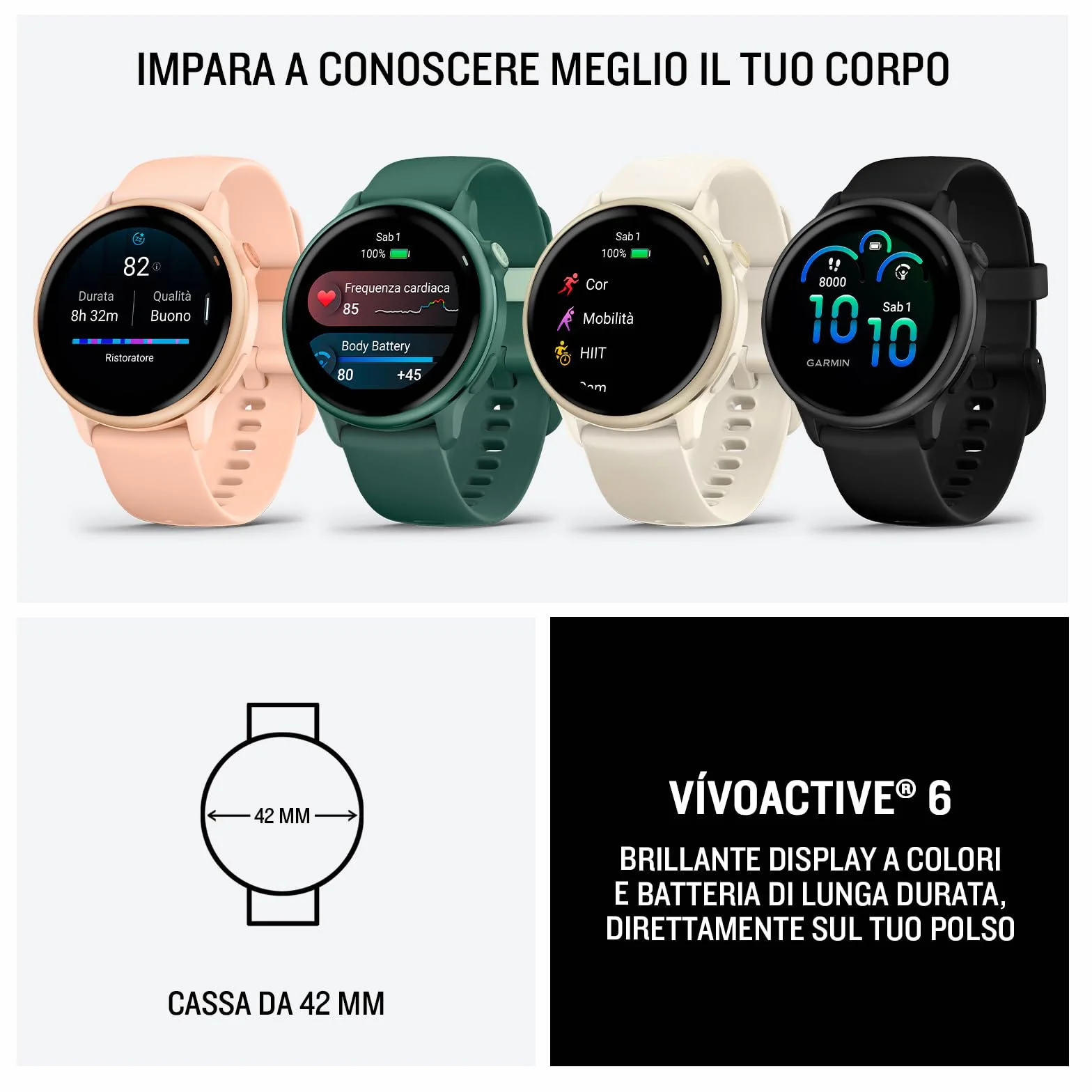 Garmin vívoactive 6, Smartwatch AMOLED 1,2" 2.000 nit, Cassa 42mm, Musica, GarminPay, +80 Sport, GPS, Cardio, Coach, Dinamiche di corsa, App Mobility, Autonomia 11 giorni, Black & Slate