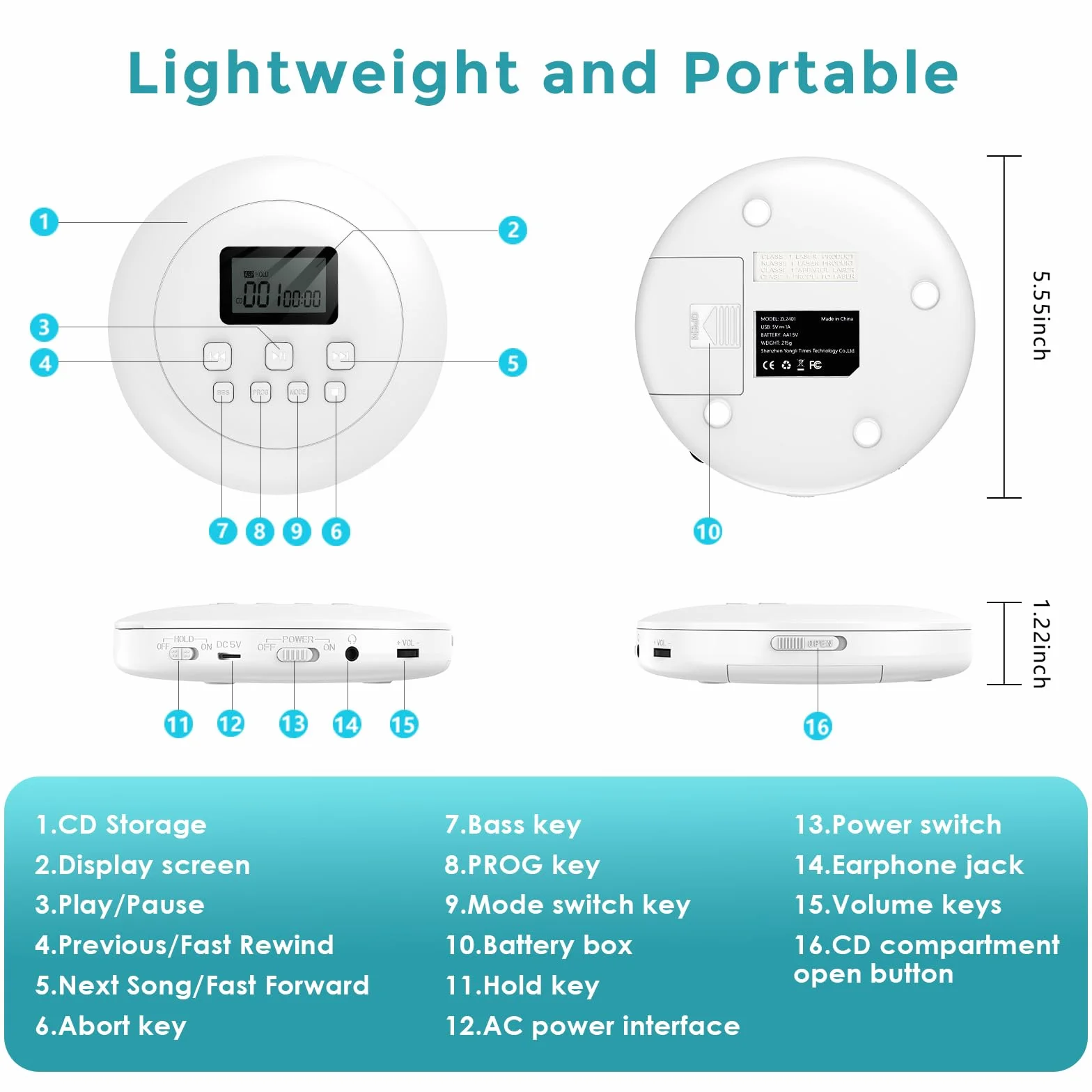 Gueray Lettore CD Portatile Hifi con display stereo cd Lettore CD con cuffie Supporto PROG ASP Funzione di memoria Funzione di ripetizione Effetto BASSO Bianco