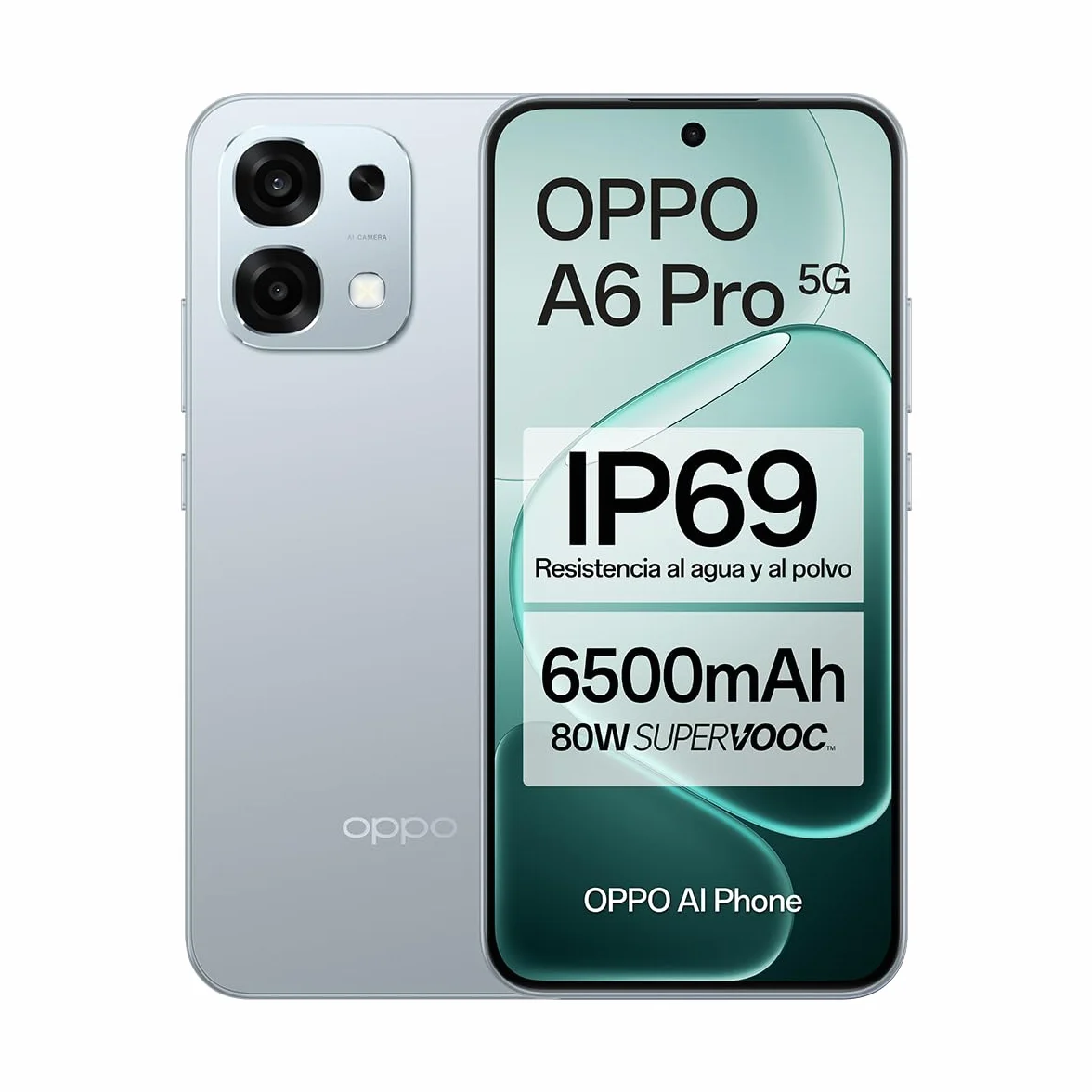 OPPO A6 Pro 5G - Smartphone sbloccato con IA, 8 GB RAM + 256 GB, batteria 6500 mAh, ricarica rapida 80 W, schermo AMOLED 120 Hz, IP69, fotocamera 50 MP AI, Dual SIM, versione spagnola, titanio