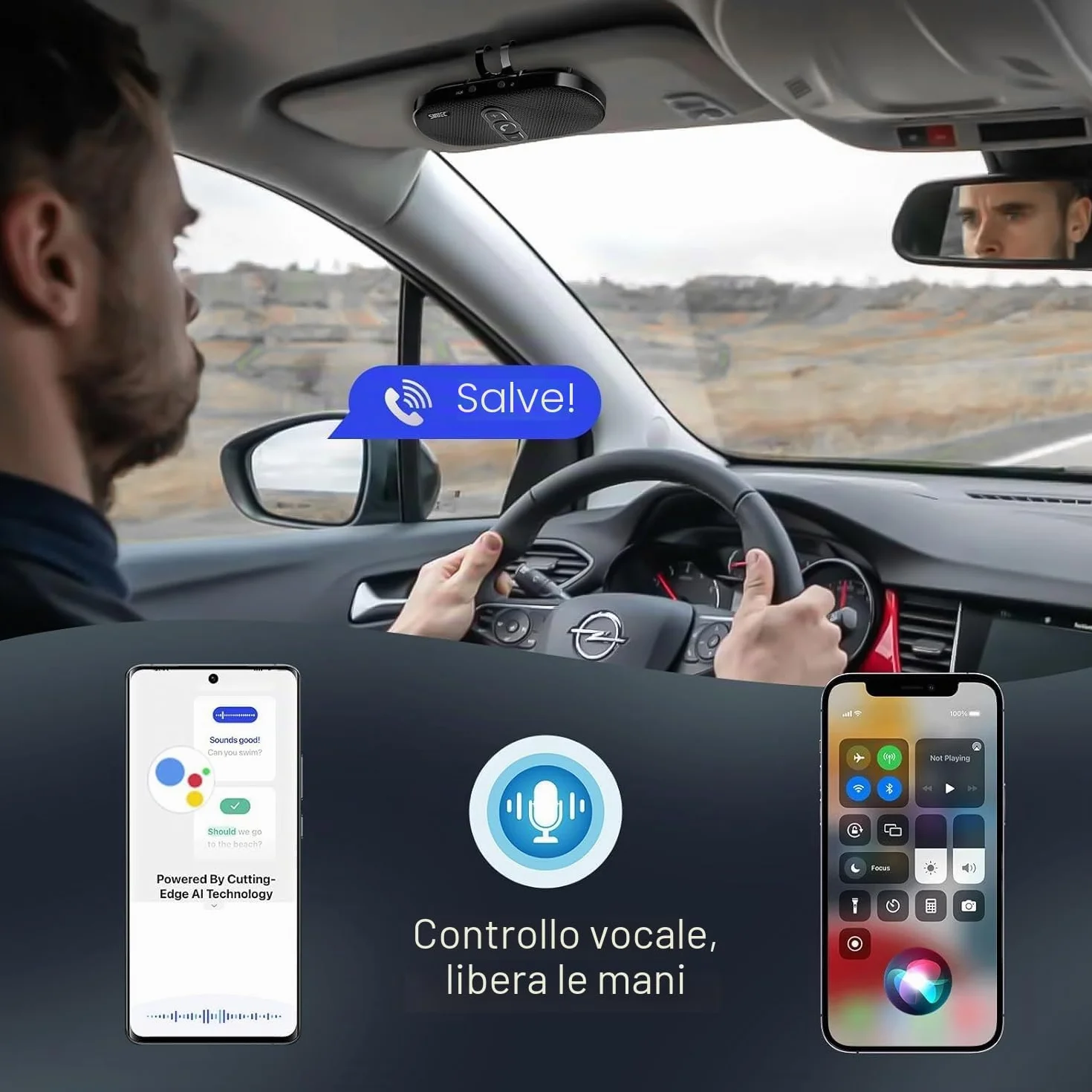 Vivavoce per auto Bluetooth 5.1 con clip Wireless vivavoce si collega a Siri & Google Assistant Supporto Auto ON Off Altoparlante forte 6W per GPS Musica Telefono