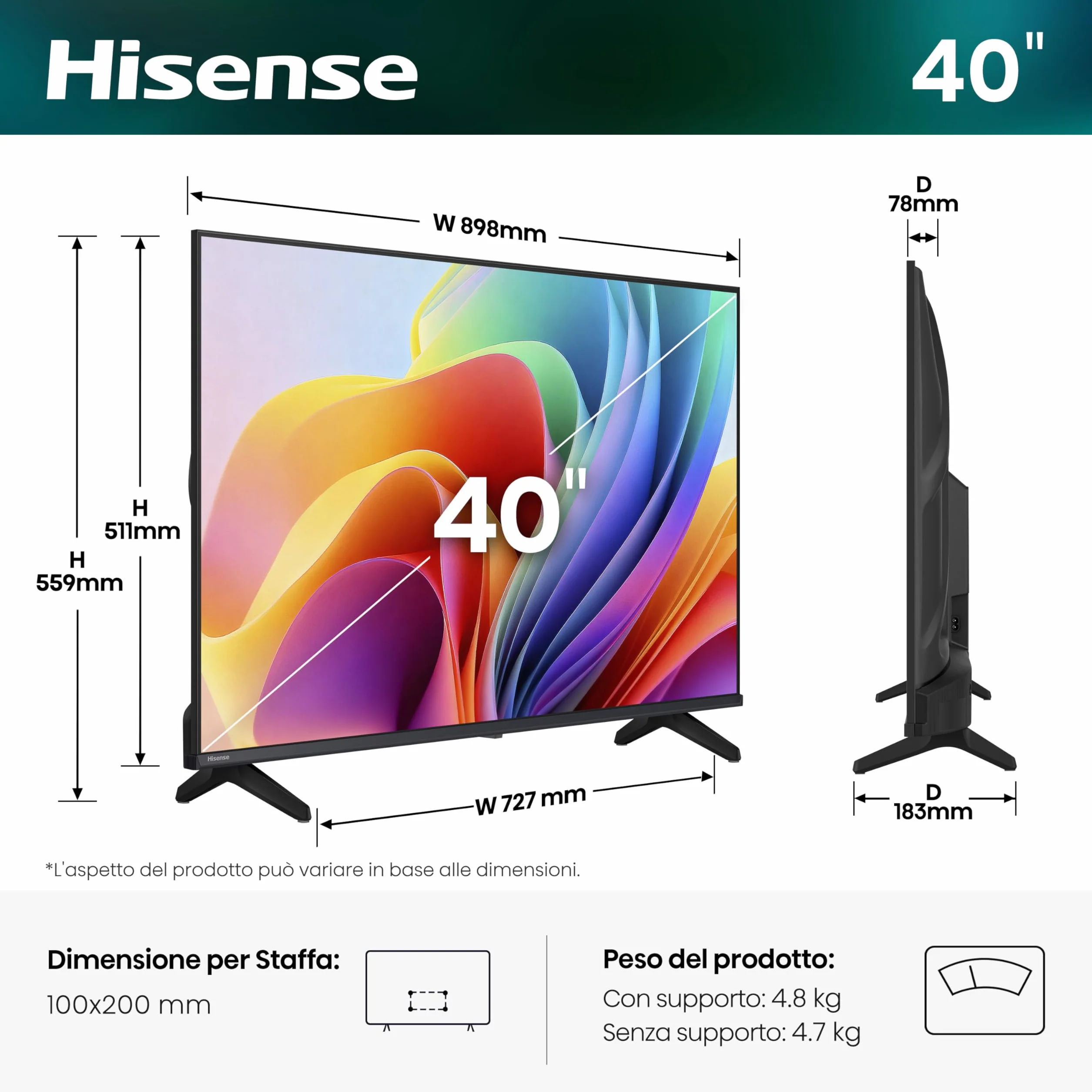 Hisense Smart TV 40" FHD 40E4ST, 60Hz, DTS Virtual X, VIDAA OS con 1000+ APP, Game Mode, Wifi, AirPlay2, Works with Alexa, lativù