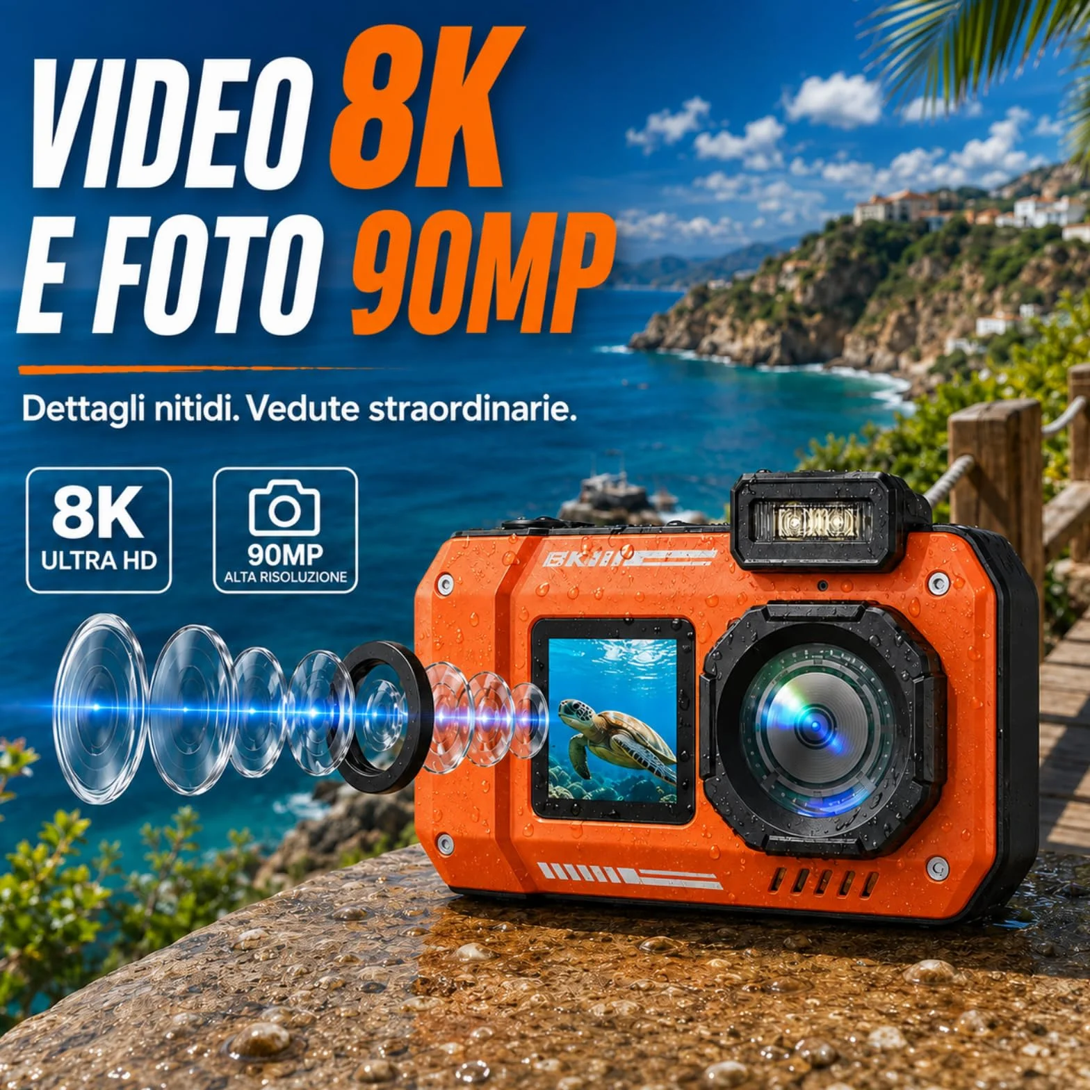 MaxMango D50 33FT Macchina Fotografica Subacquea Impermeabile, 8K 70MP Fotocamera Digitale con 16 GB di Scheda, Doppio Schermo 2.8'' per Selfie, 18x Zoom, Resistente a Polvere e Urti per Snorkeling