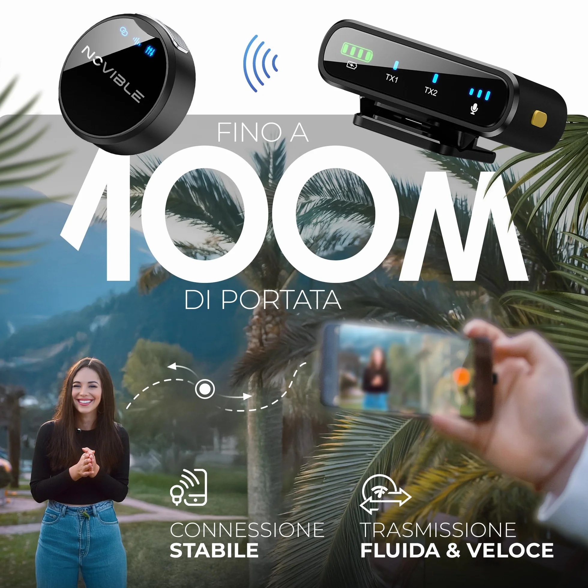 Microfono Lavalier Wireless per iPhone, Android, Fotocamera, PC - Audio Chiaro, Cancellazione Rumore, Portata 100 m - Autonomia 25 h con Custodia di Ricarica