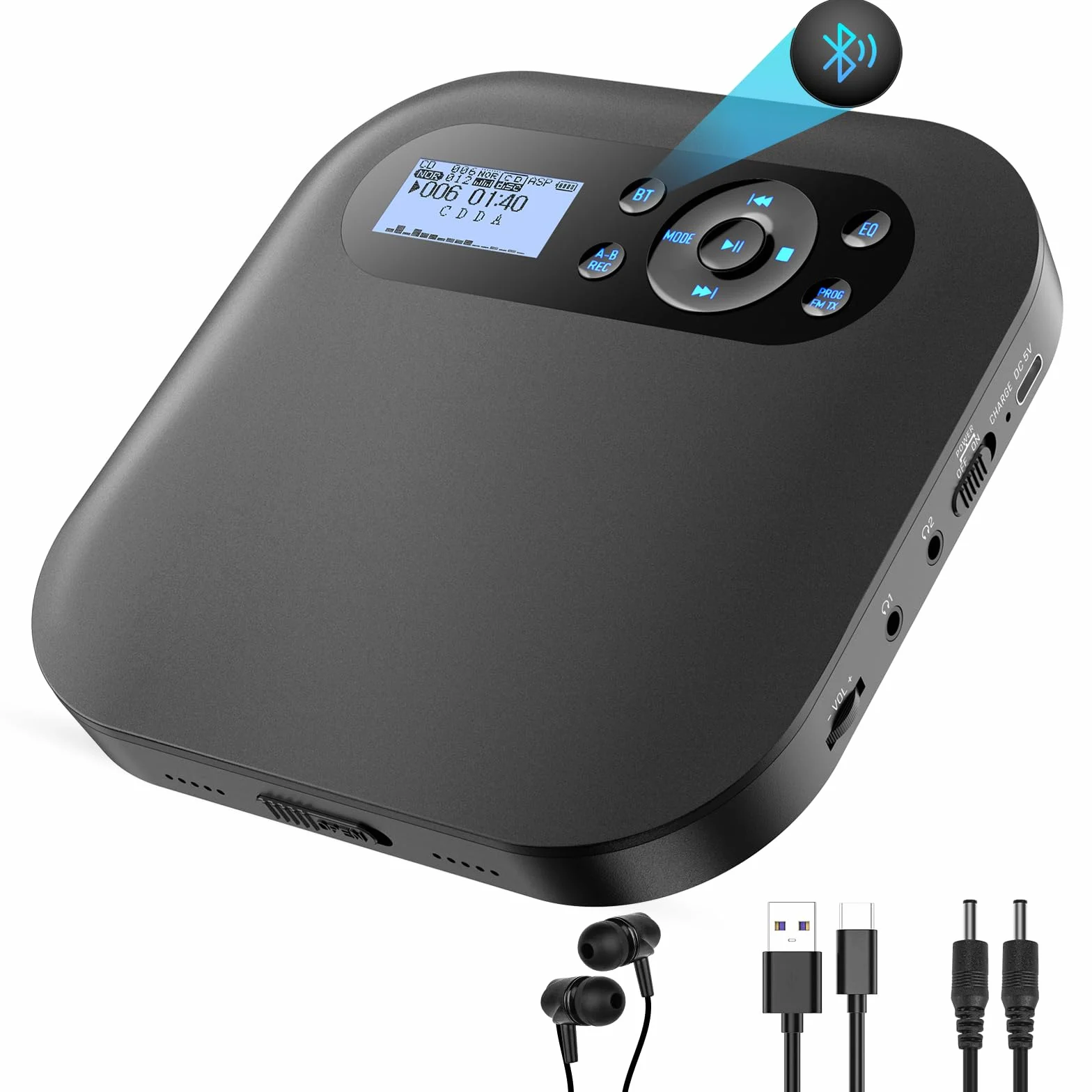 Lettore CD portatile con Bluetooth, NUOVO Lettore CD Discman ricaricabile per auto con FM, Due altoparlanti stereo, Anti-Skip, Due connettori per cuffie, Per regalo