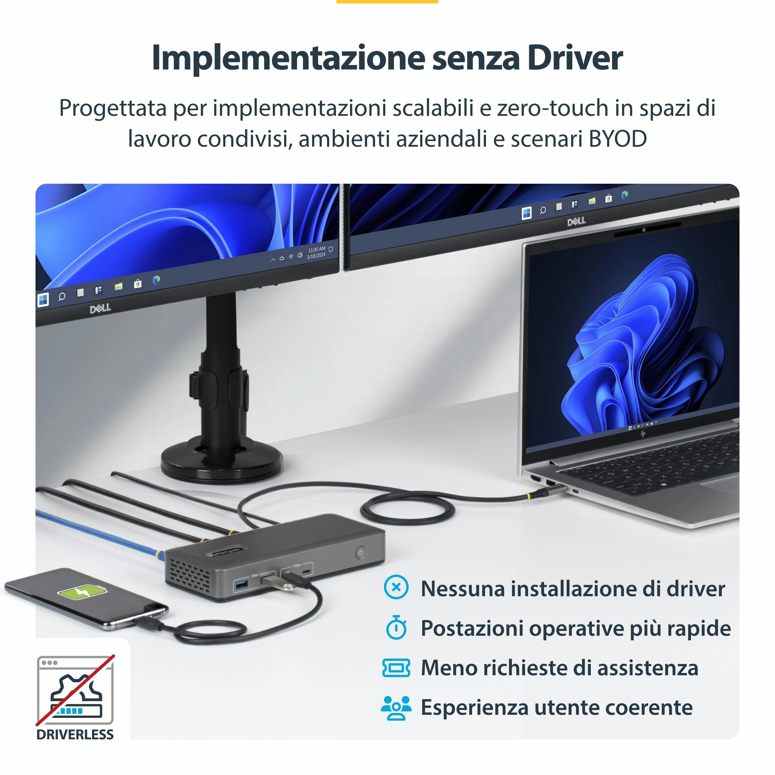 StarTech Docking station USB-C Dual Monitor, 2x HDMI 4K 60Hz, PD 100W, 6x USB 10Gbps, Gigabit Ethernet, Driverless, DockpPer Laptop Windows DP Alt Mode