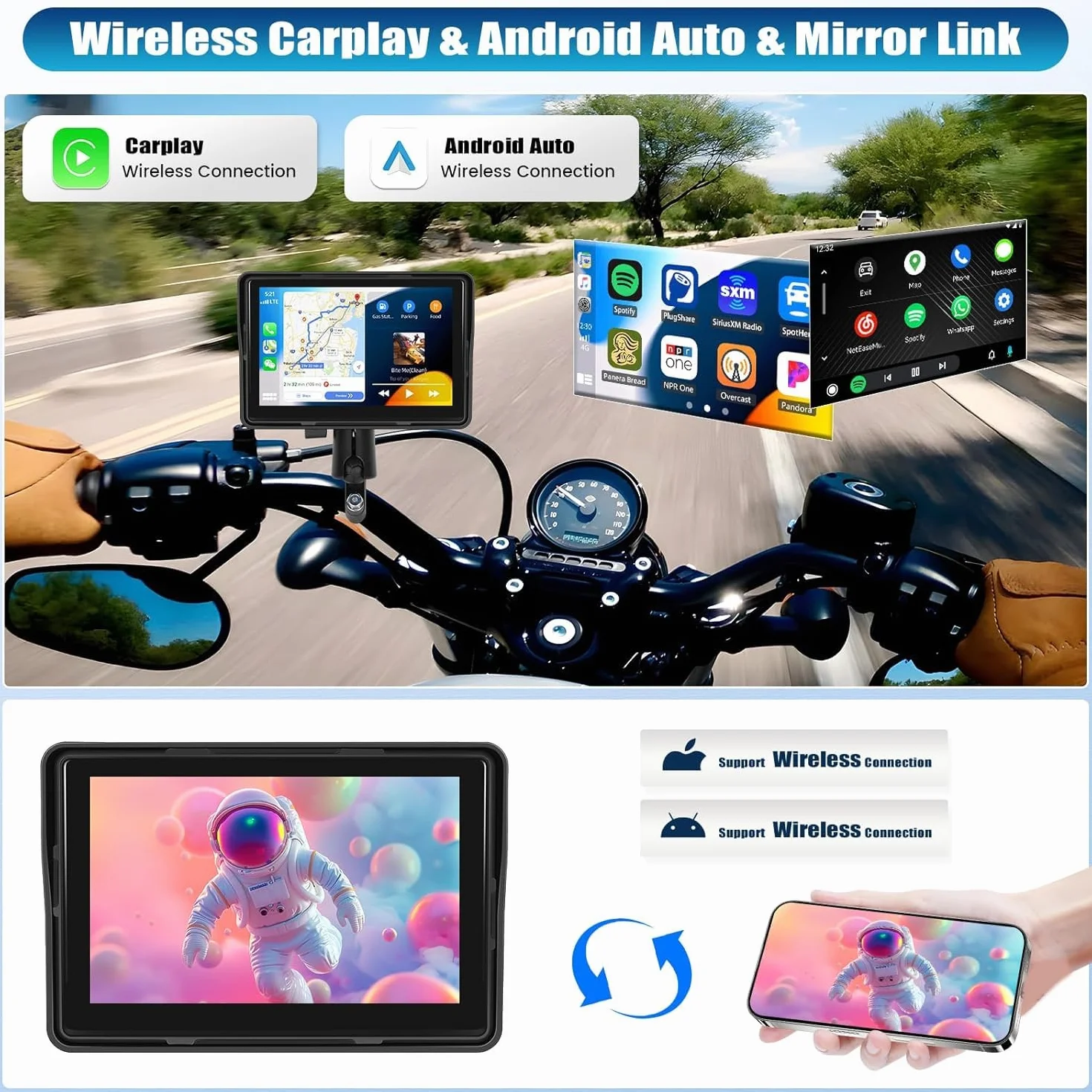SIXTOP Schermo CarPlay per Moto, CarPlay e Android Auto Wireless per Moto, Touchscreen Impermeabile da 5 Pollici, Audio Bluetooth, Navigazione GPS, Siri