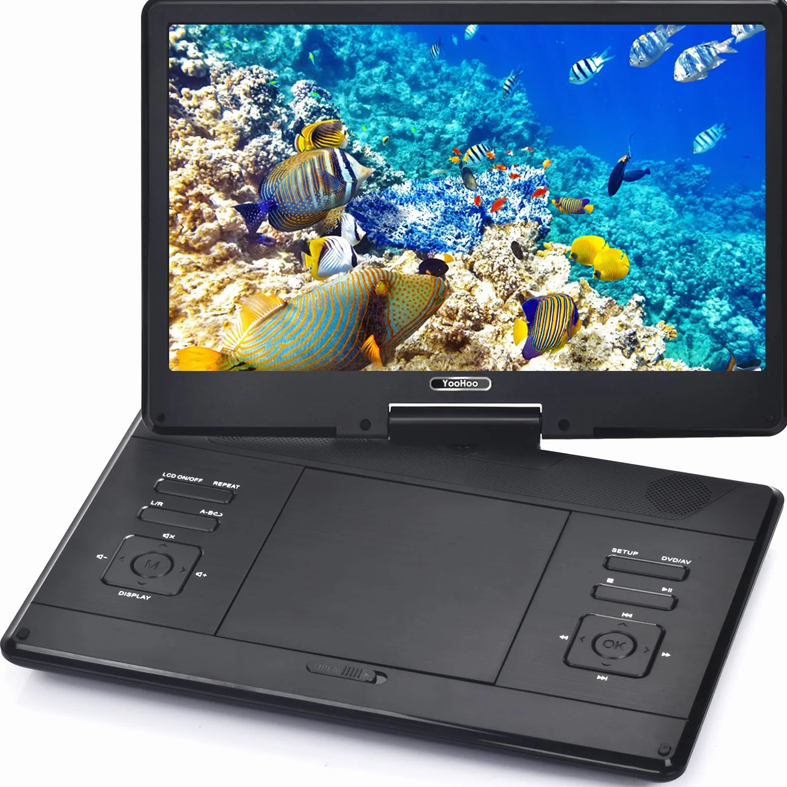 YOOHOO Lettore DVD portatile da 16,9" con grande schermo girevole da 14,1", con batteria ricaricabile, lettore DVD mobile per bambini, sincronizzazione TV, supporta scheda USB SD con caricatore per