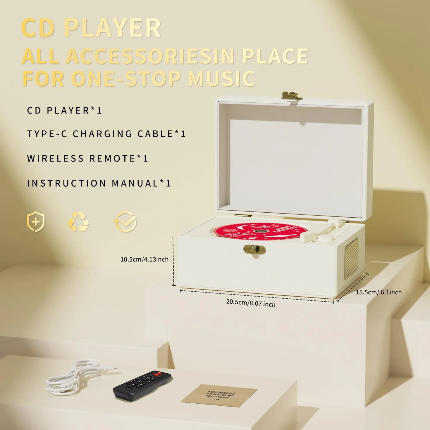 Yintiny Rechargeable Leather CD Player with Speakers; Bluetooth Transmitter; Festival Gift; BGM Player for Home Décor (White)