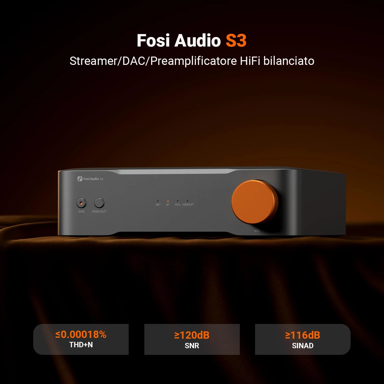 Fosi Audio S3 HiFi Music Streamer DAC Preamplificatore, Wi-Fi 6 Bluetooth 5.3, XLR bilanciato, HDMI eARC, AirPlay 2