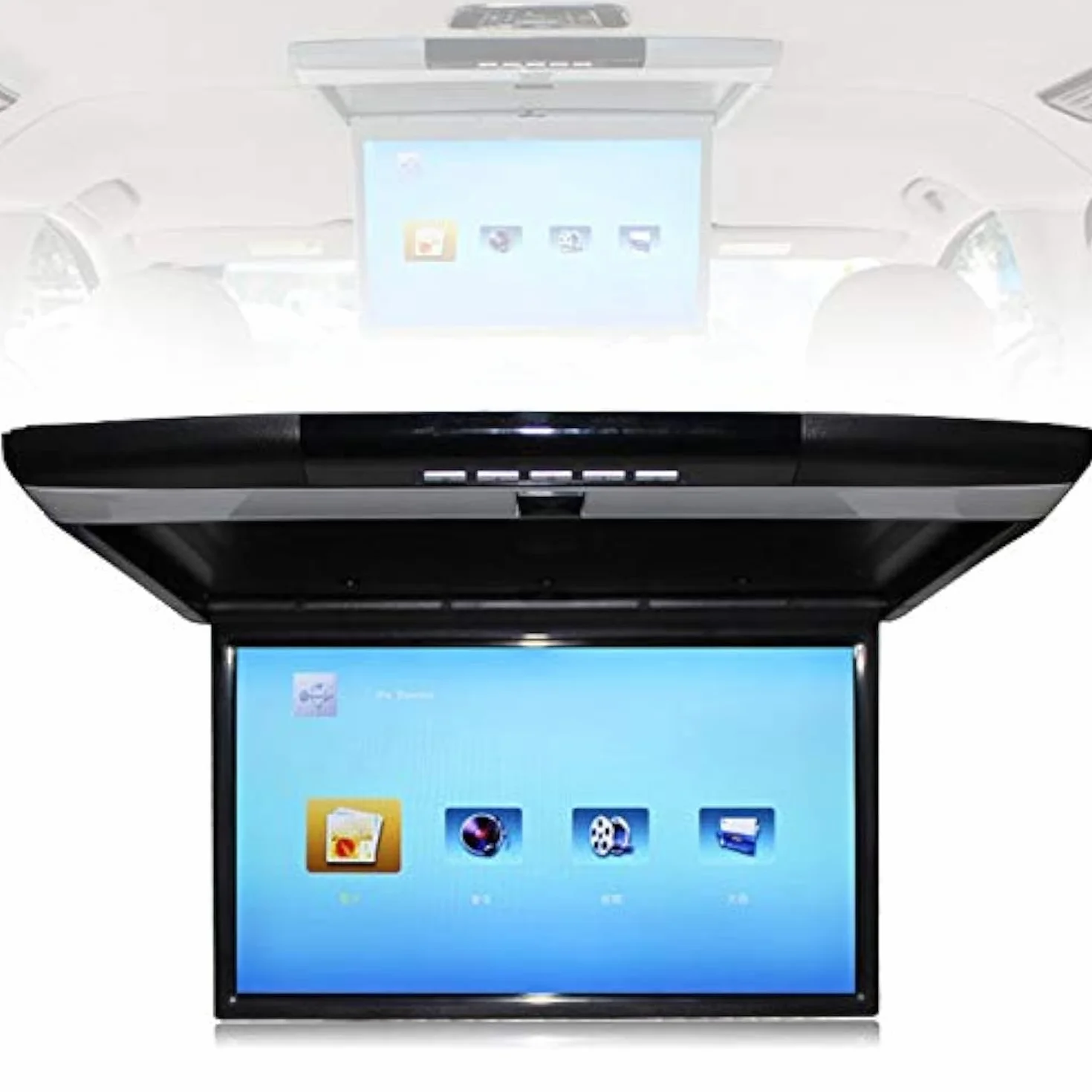 Monitor Ribaltabile per Auto, 17.3 Pollici 16: 9 Schermo Tft Digitale Ultrasottile 1080p Video Lettore per Auto da Tetto Monitor Montato sul Tetto Porta Hdmi USB SD Ir E FM,Black