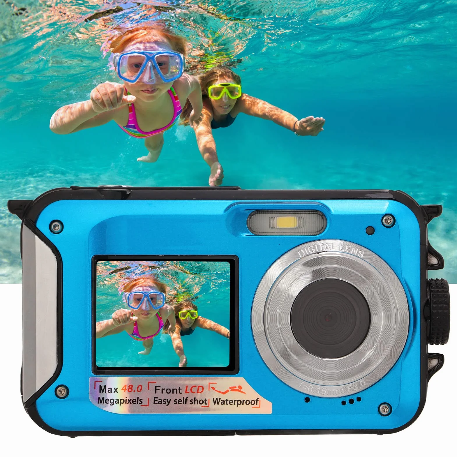 Fotocamera Subacquea, Fotocamera Subacquea da 11FT, Fotocamera Subacquea a Doppio Schermo Full HD 2.7K 48MP Autofocus Selfie con Cinghia Galleggiante, Fotocamera Subacquea con