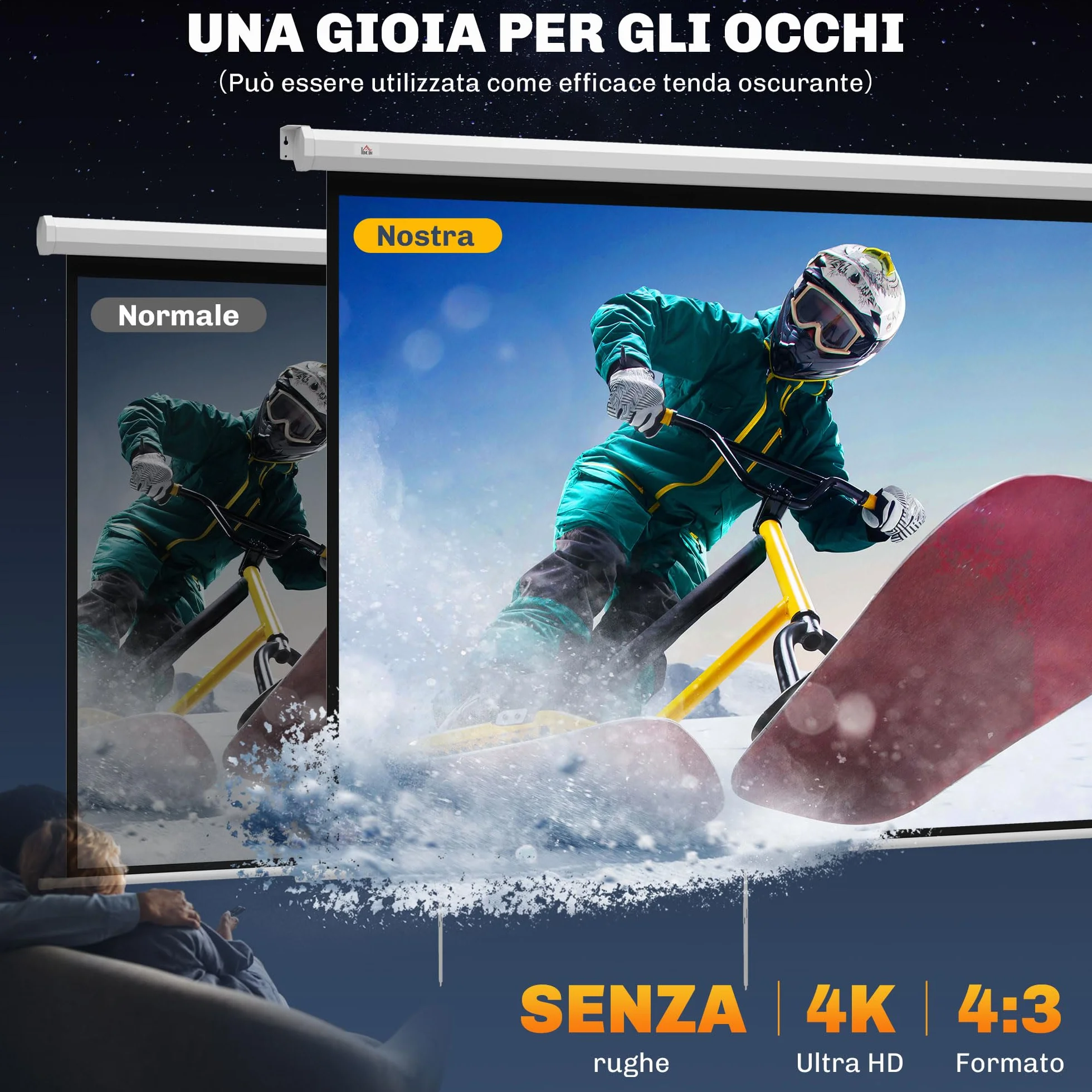 HOMCOM Telo Proiettore da 84 Pollici 4K HD Formato 4:3, Altezza Regolabile Manuale, Schermo Proiettore da Parete Soffitto, Grandangolo 160°, Telo Videoproiettore per Casa Home Cinema Ufficio, Bianco