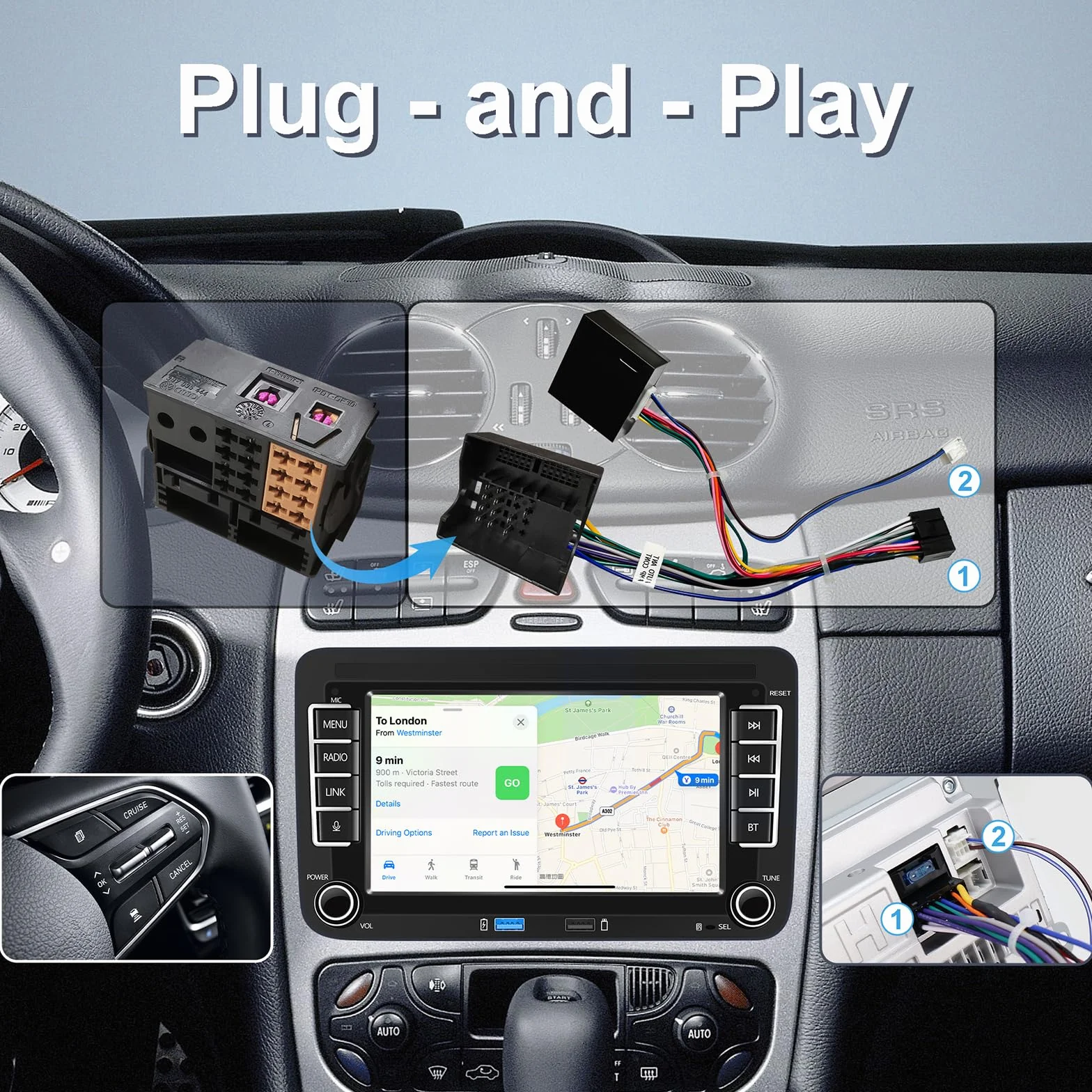 Autoradio con schermo compatibile con VW Golf 5/6, Passat, Skoda, Polo, T5, Jetta e altri modelli | CarPlay e Android Auto wireless integrati | Supporta AM/FM/RDS, USB, Bluetooth