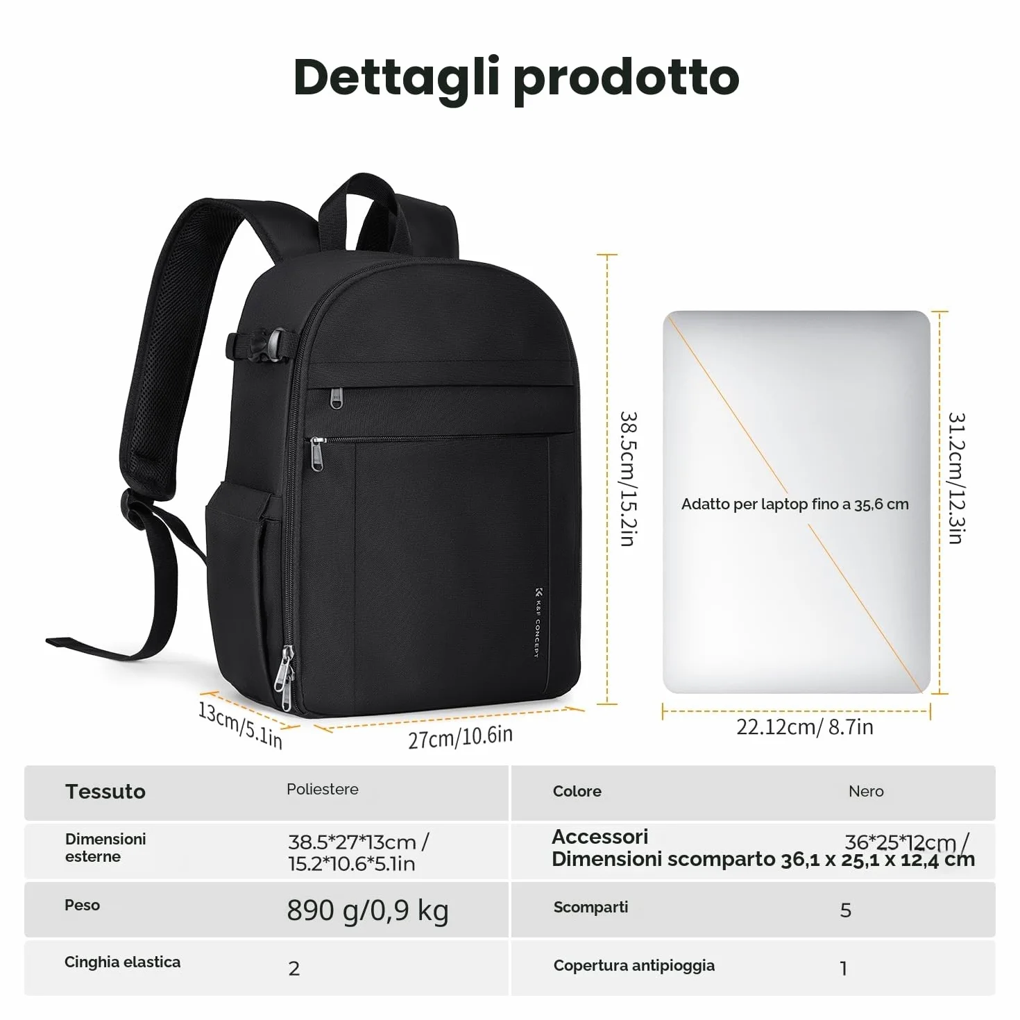 K&F CONCEPT Zaino per Fotocamera Compatto, Zaino Fotografico con Parapioggia, scomparto per laptop per obiettivi reflex treppiedi