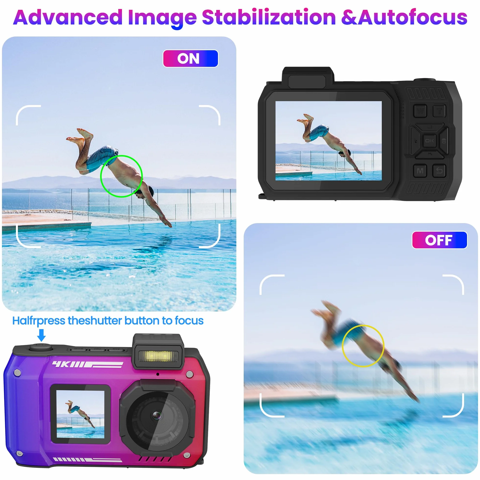 Fotocamera digitale 4K 33FT con scheda 64G, fotocamera subacquea da 48 MP, impermeabile, robusta, antipolvere, antiurto, per snorkeling, immersioni, selfie, doppio schermo, punto e fotocamera digitale