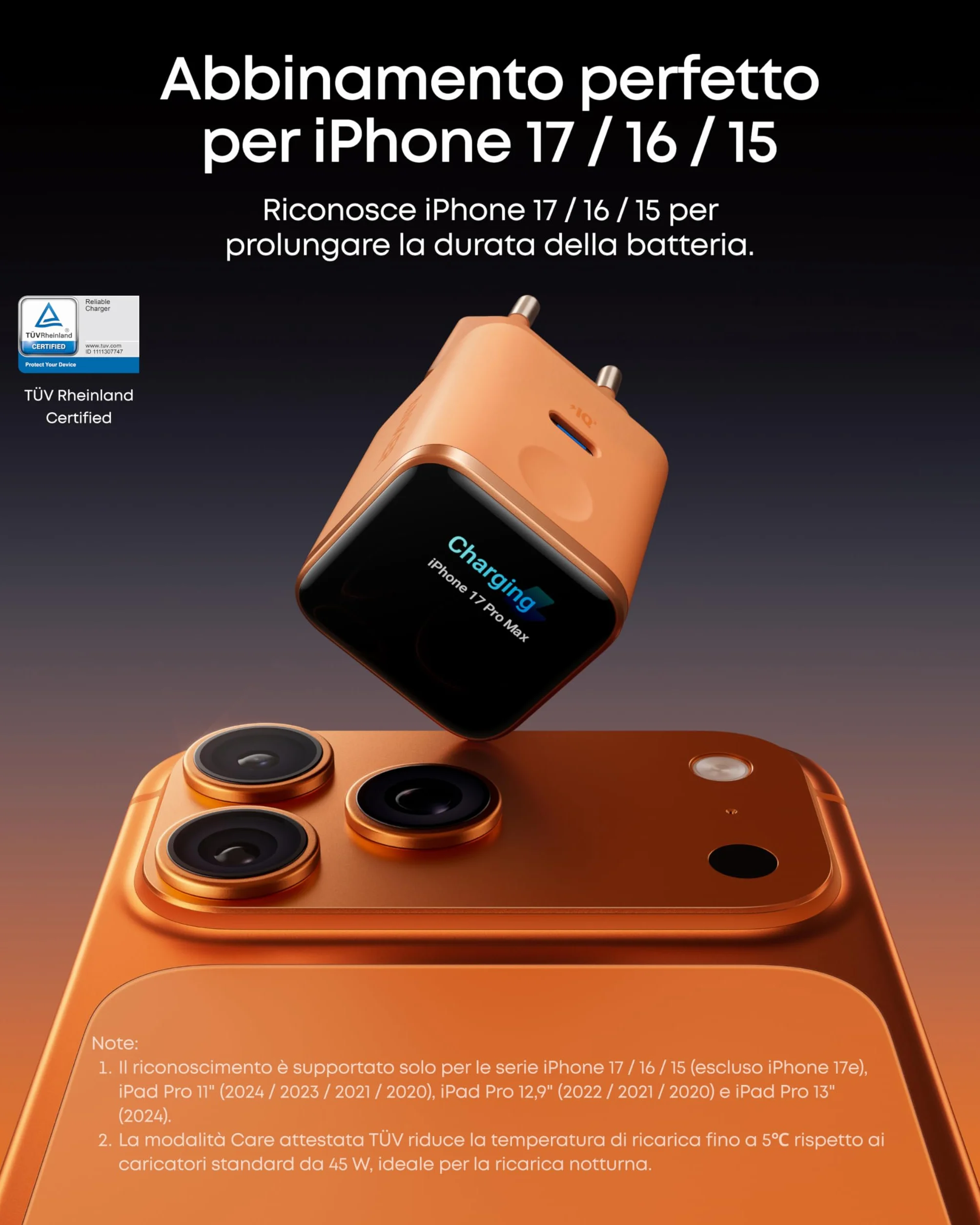 Anker Nano Caricatore iPhone da 45W con Smart Display, caricatore USB C, Ricarica Rapida, riconoscimento Intelligente, modalità Care, Design Compatto, per iPhone 17/16/15, iPad, MacBook e Apple Watch