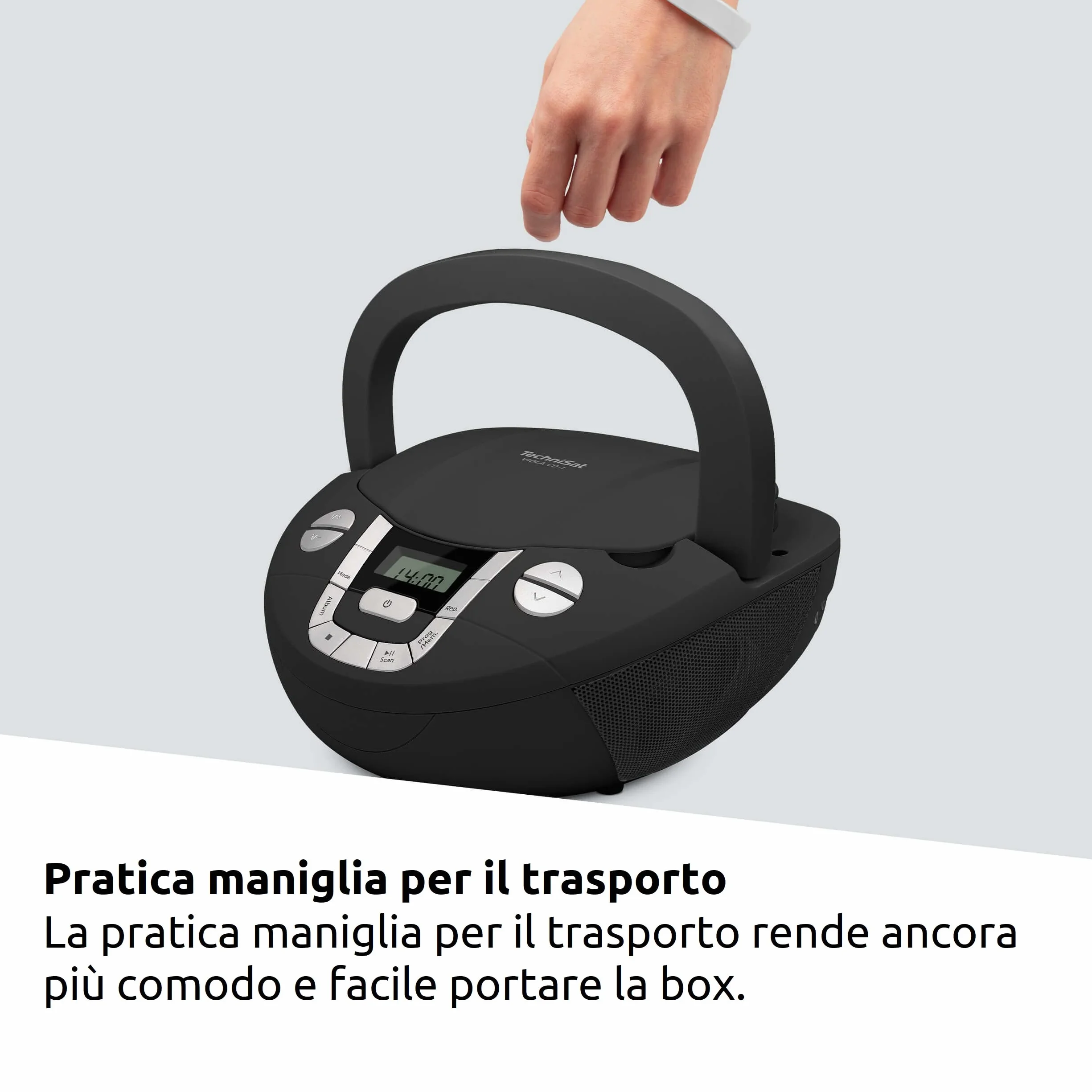 TechniSat VIOLA CD-1 - lettore CD stereo portatile con maniglia per il trasporto, boombox nera, sintonizzatore radio FM, ricezione Bluetooth, potenza di 2 x 1 W RMS, alimentazione a rete e a batteria