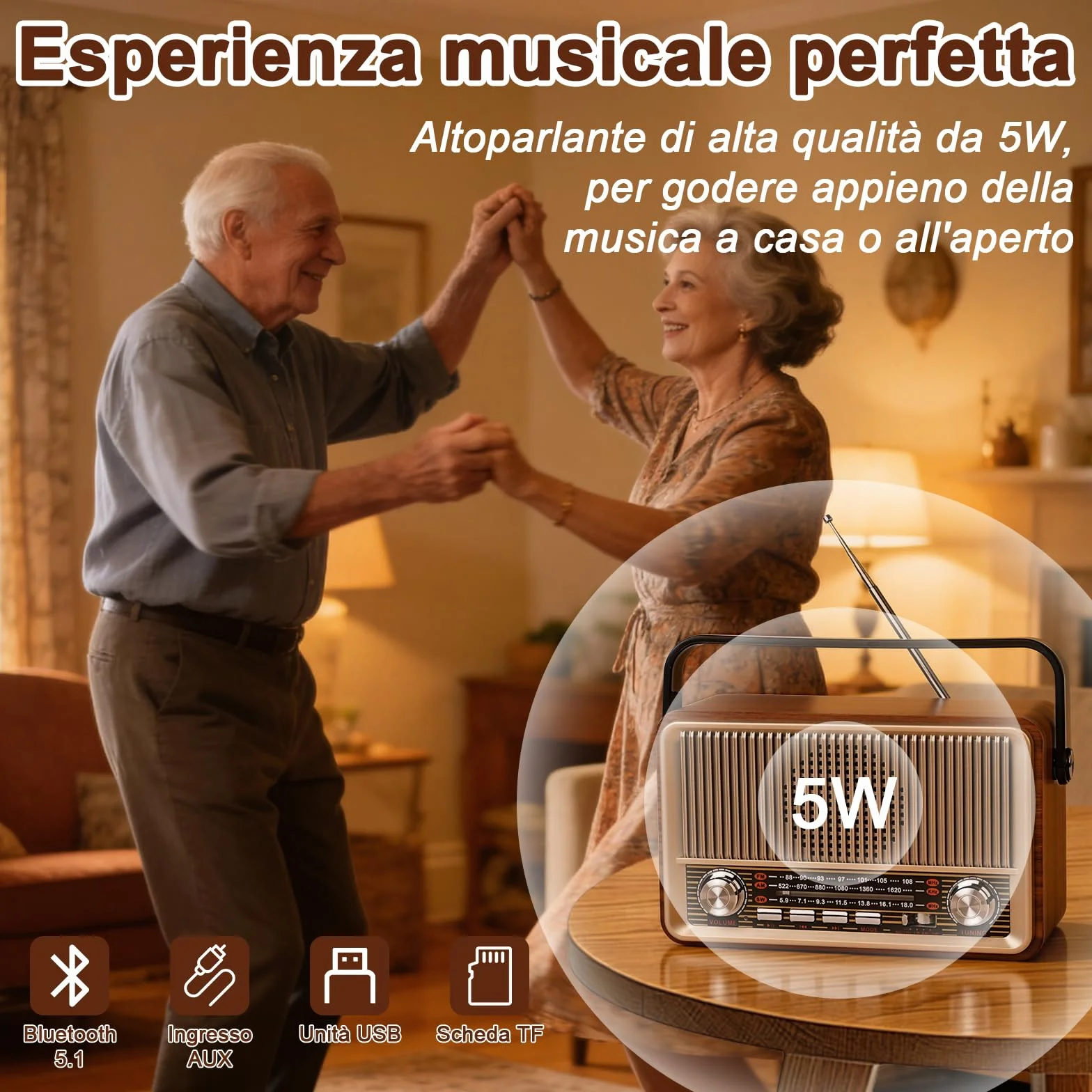 Radio Portatile FM/AM/SW Bluetooth 5.1 Vintage Retrò con Batteria Ricaricabile 1200 mAh