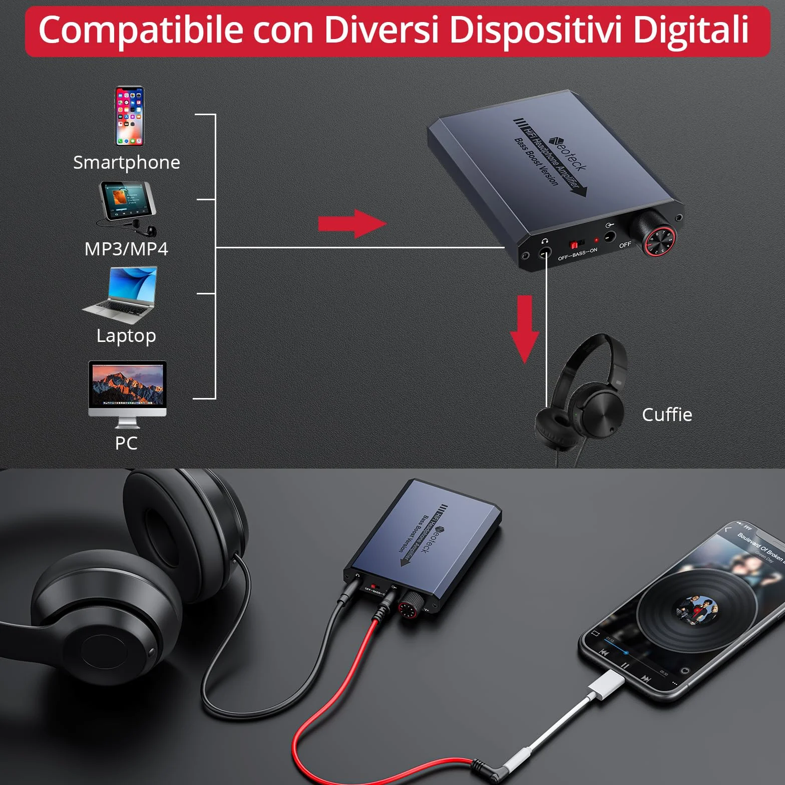 Neoteck 16-300Ω Amplificatore per Cuffie Portatile Ricaricabile con Bass Boost HiFi Amplificatore Cuffie 3.5mm con 8h Autonomia, AMP in Aluminio Opaco per PC, Cellulari, Lettori CD, MP3/MP4