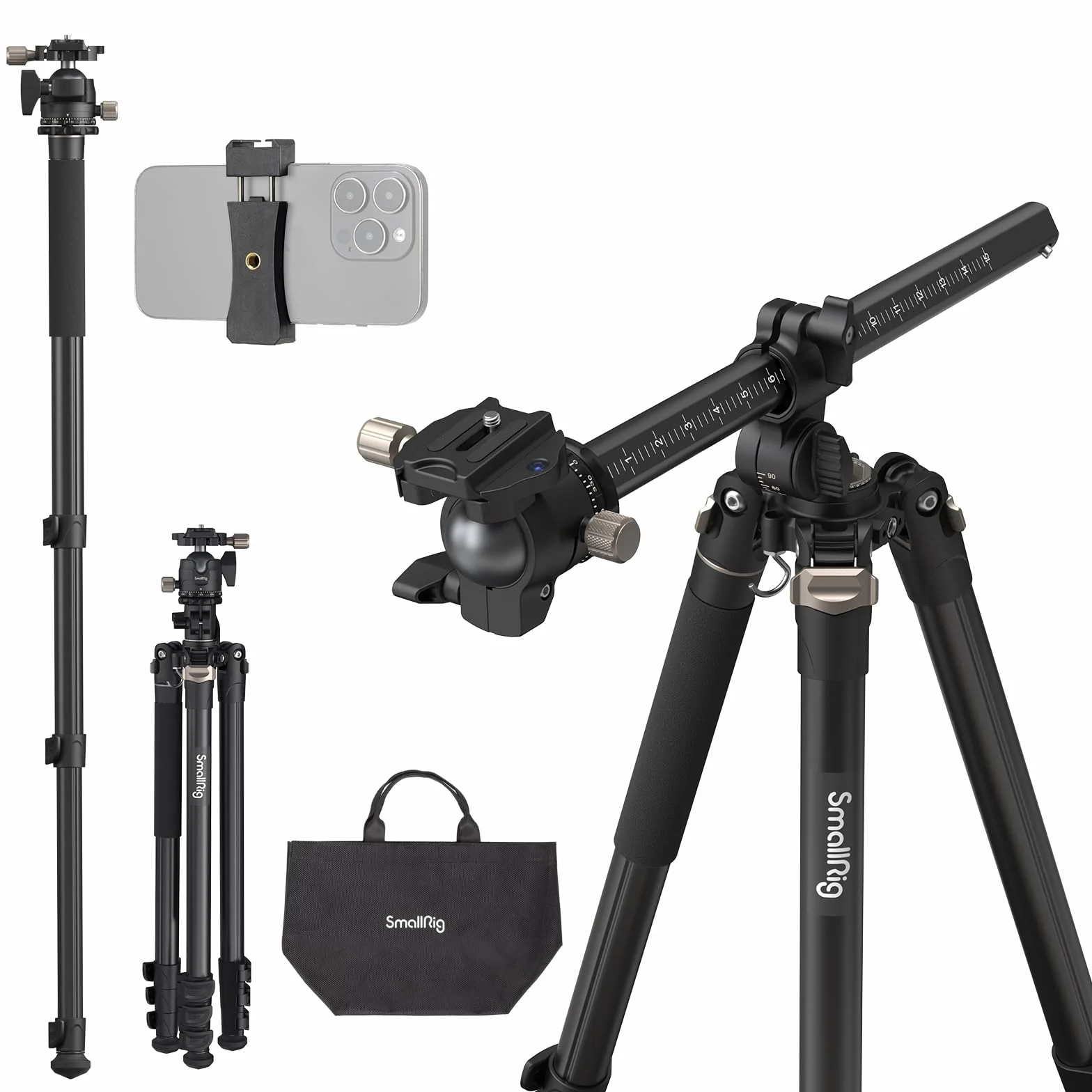 SMALLRIG 2 in 1 Camera Tripod, Treppiede/Monopiede Orizzontale con Colonna Centrale con Rotazione a 360°, con Supporto per Smartphone, per DSLR, Videocamera, CT200, Carico Massimo 22lb/10kg - 4288