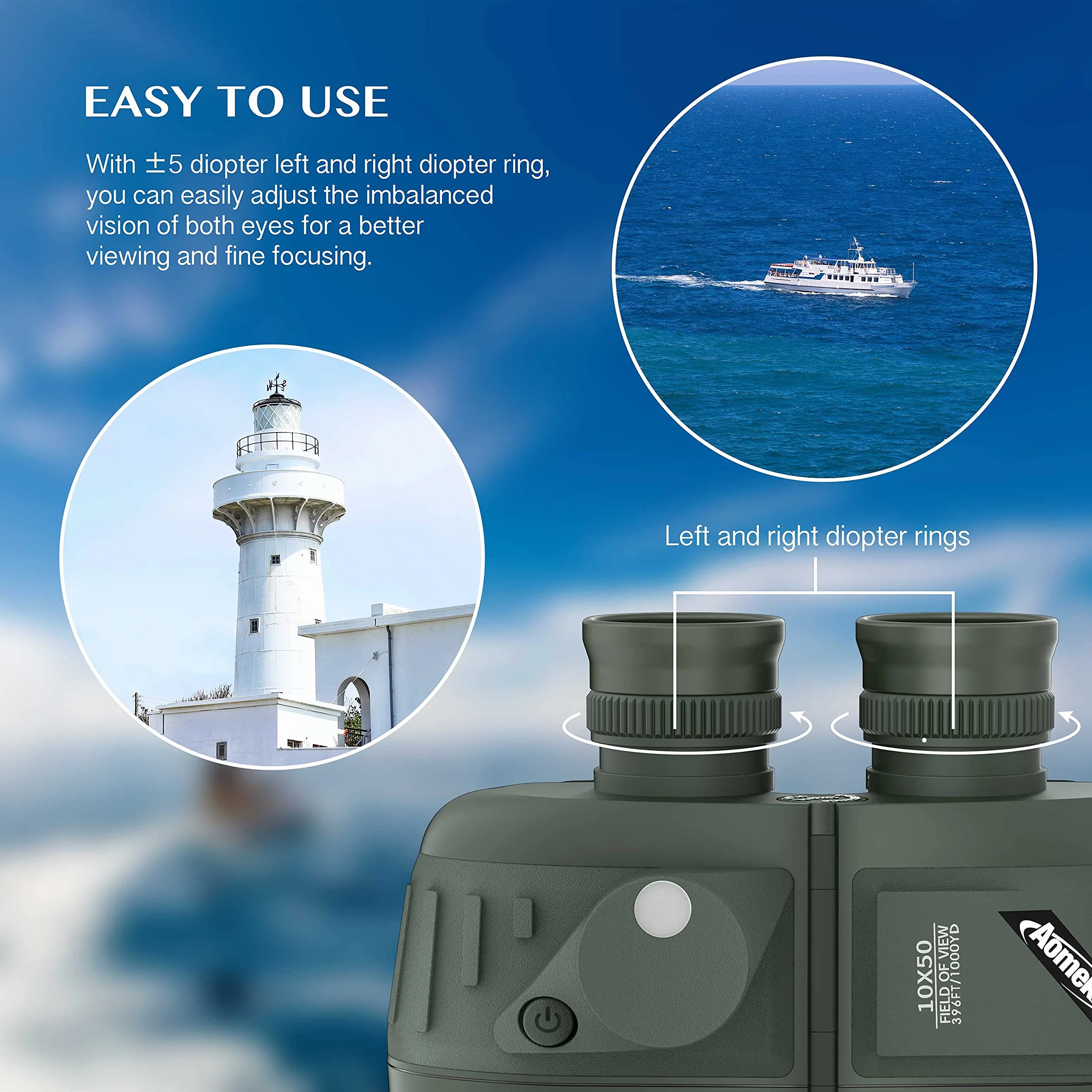Aomekie Binocolo Professionale 10x50 Impermeabile Militare Professionale Con Bussola Multifunzione Oscillante Adatto Al Bird Watching Caccia Vela Con Tracolla e Pacchetto