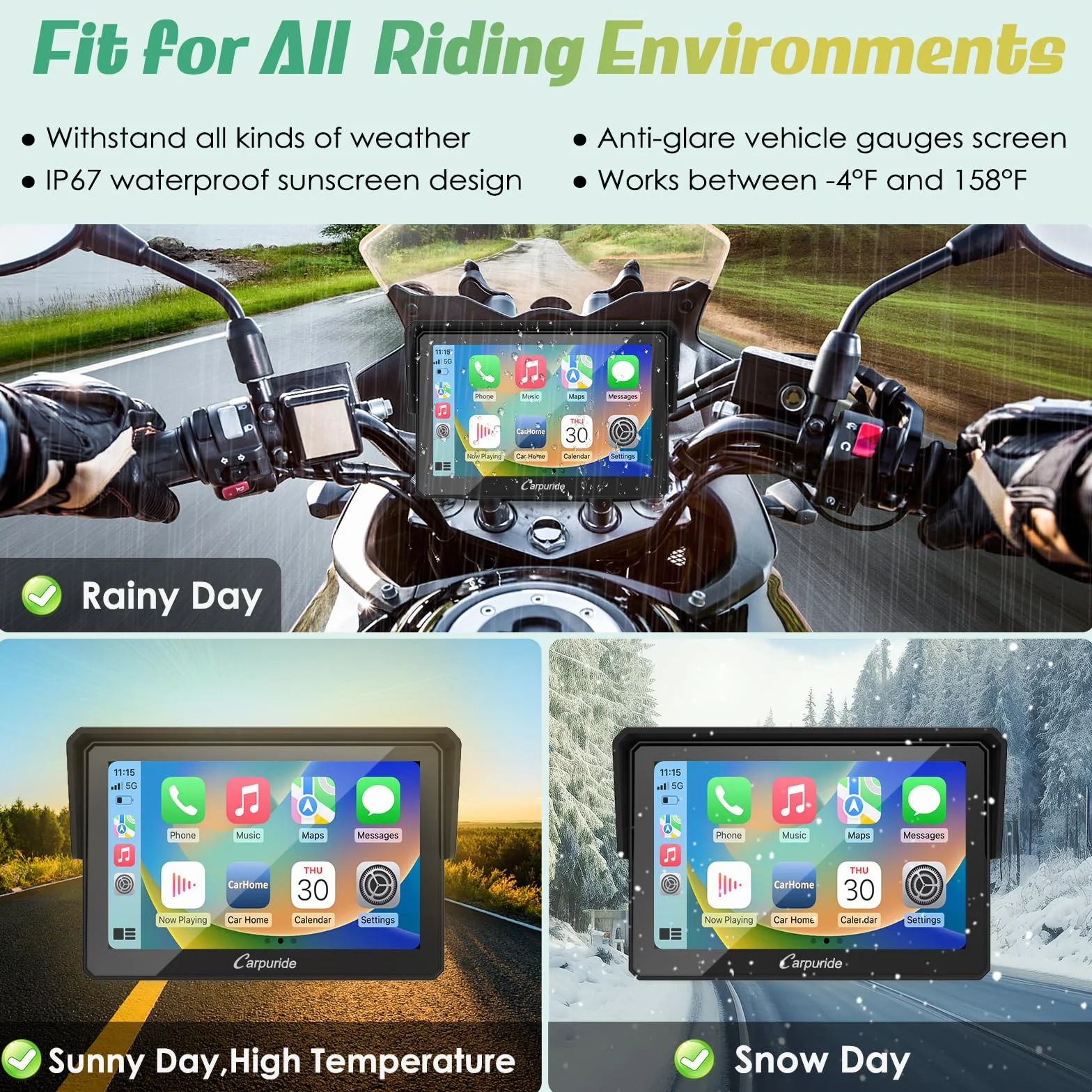 Carpuride W502 Stereo Portatile Senza Fili per Moto Doppio Bluetooth Impermeabile IP67, Schermo Carplay e Android Auto per Moto, Touch Screen da 5 pollici,TF 64G, Siri, G00gle,GPS
