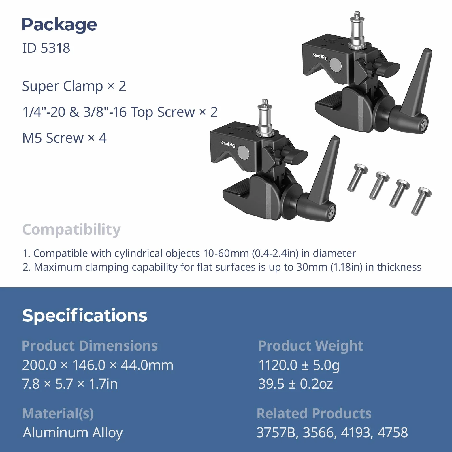 SMALLRIG Super Clamp Kit da 2 pezzi, ad alte prestazioni, carico massimo 33lb/15kg, con una vite superiore da 1/4"-20 e 3/8"-16, per illuminazione fotografica, per tubi rotondi e superfici piane