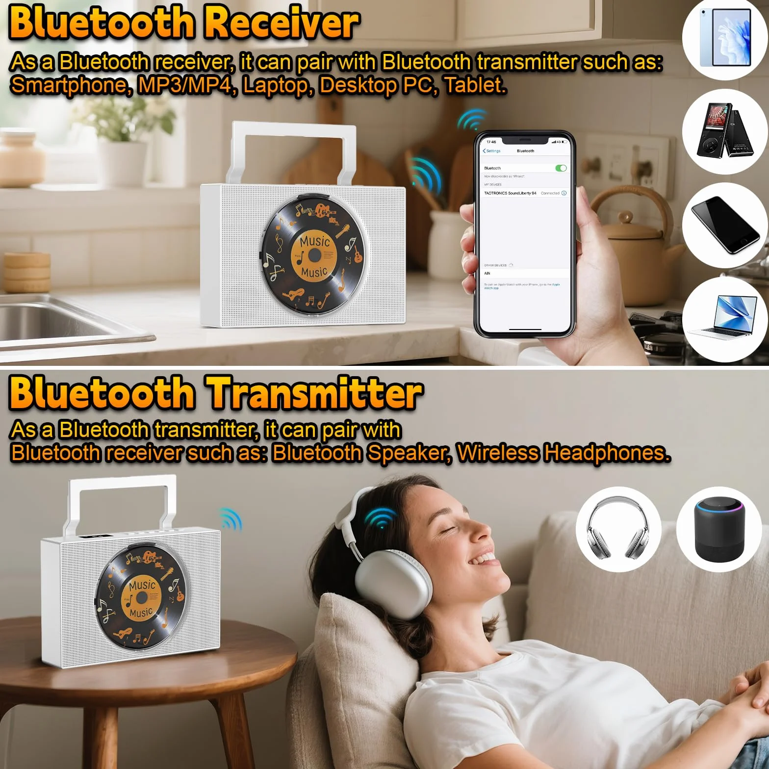 Gueray Lettore CD Portatile con Radio Bluetooth, Altoparlanti, Display, Telecomando, AUX 3.5mm, Jack Cuffie, Radio FM, USB Type-C