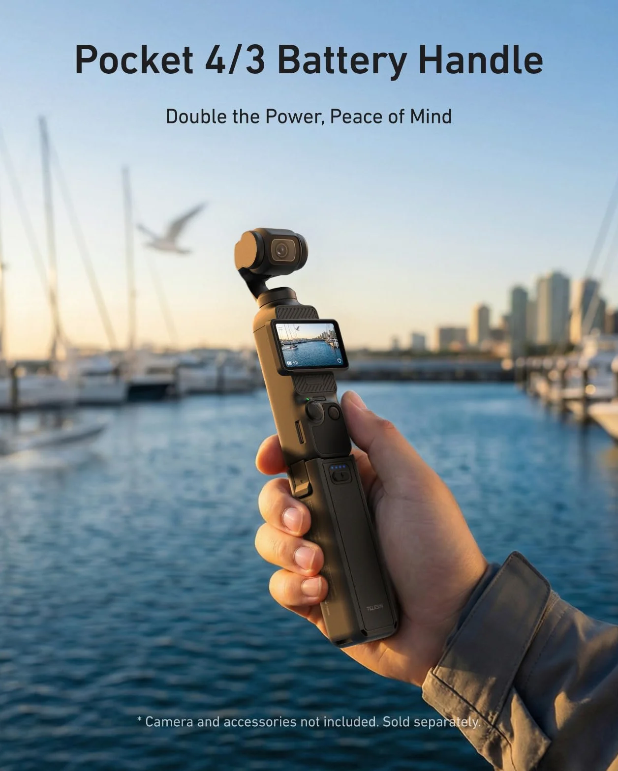 TELESIN Impugnatura Batteria con Treppiede per DJI Osmo Pocket 4/3, Power Grip 5000mAh, autonomia 1,3×, ricarica durante registrazione, grip vlog & treppiede portatile per viaggi e riprese outdoor