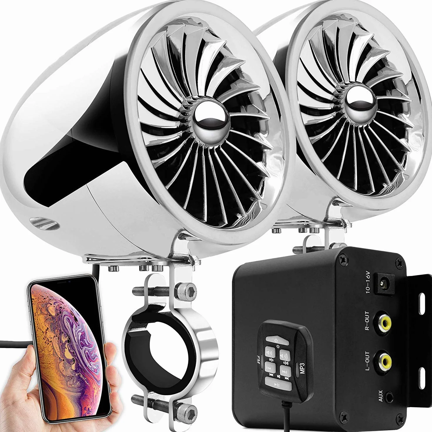 M150 Moto Sistema Audio Amplificatore con AUX, MP3, Radio FM, 4 pollici Impermeabile Bluetooth Altoparlanti Stereo, Adatto per 1-1.5 in. Manubrio Moto ATV UTV RZR (Chrome, Ventilatore)