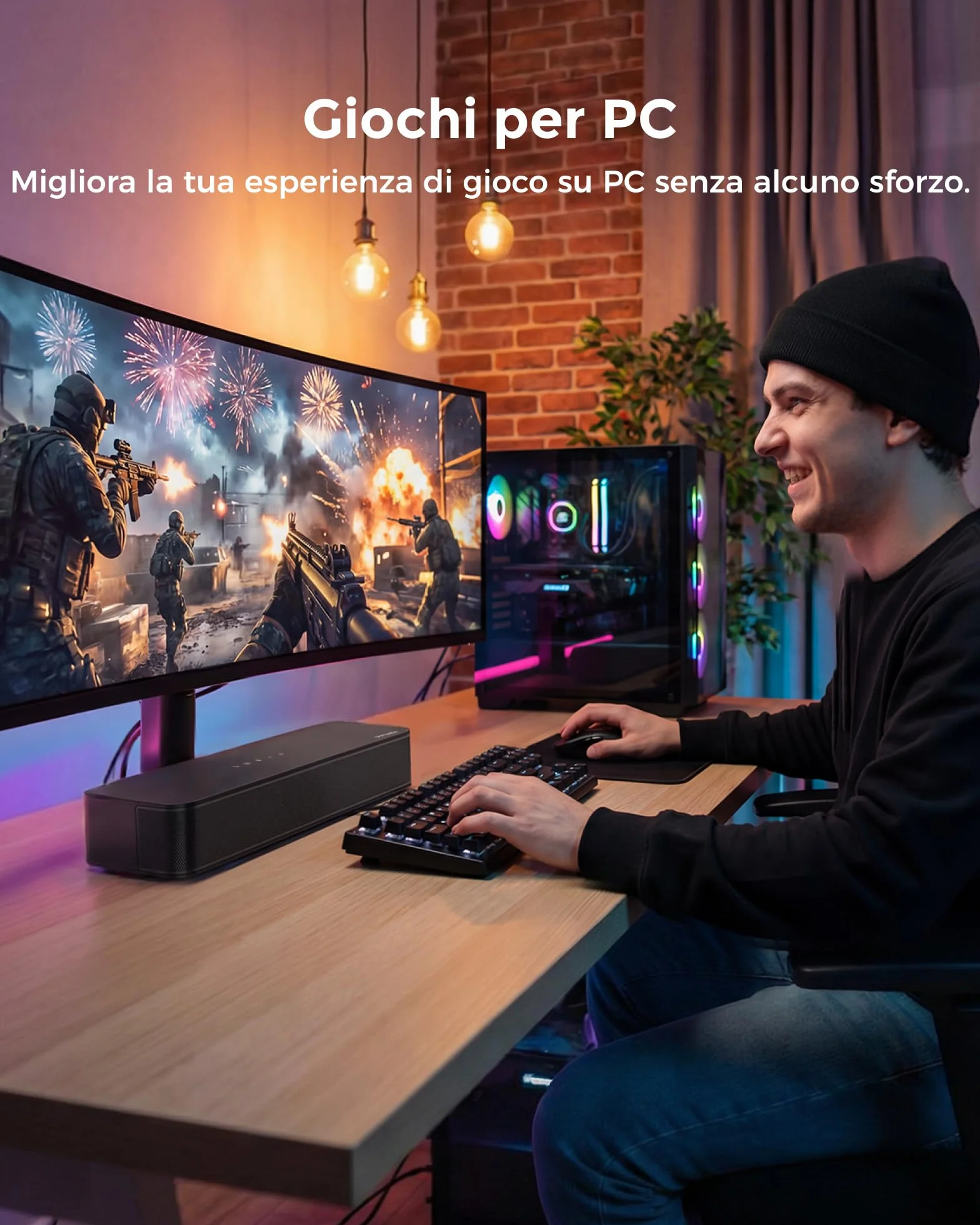 ULTIMEA 2.1 Ch Soundbar Per TV, Subwoofer Integrato, All-In-One Per PC E Giochi. App Controllo, 132W Potenza Picco, Bluetooth 5.4, OPT/AUX Ingressi, Montaggio A Parete, Poseidon M20 Pro
