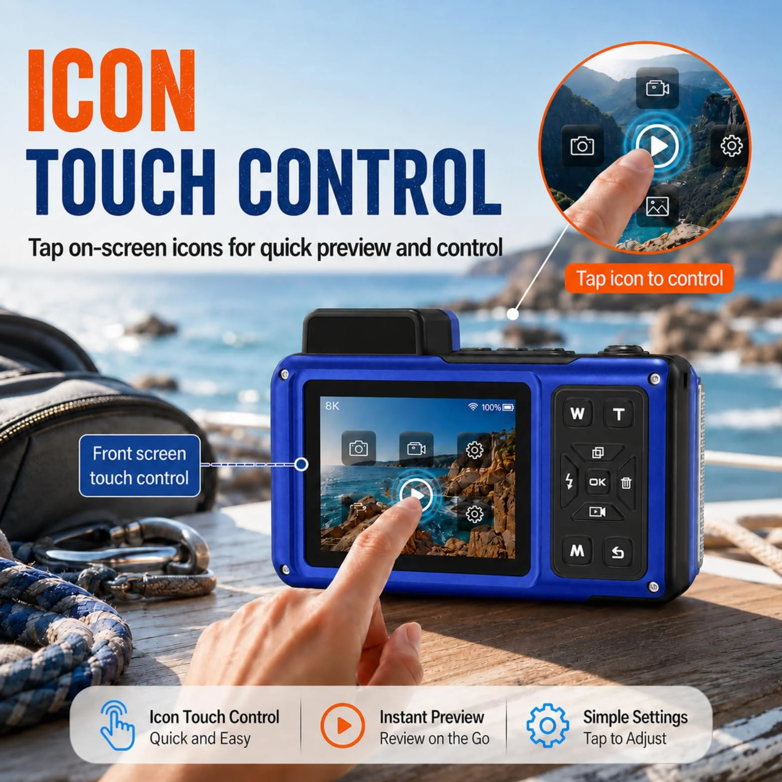 Maxmango V08 Pro 49FT Macchina Fotografica Subacquea - 8K 90MP WiFi Macchina Fotografica Digitale, 2.8'' Touchscreen Robusta Antipolvere Antiurto per Snorkeling, 64GB Fotocamera Digitale, Blu