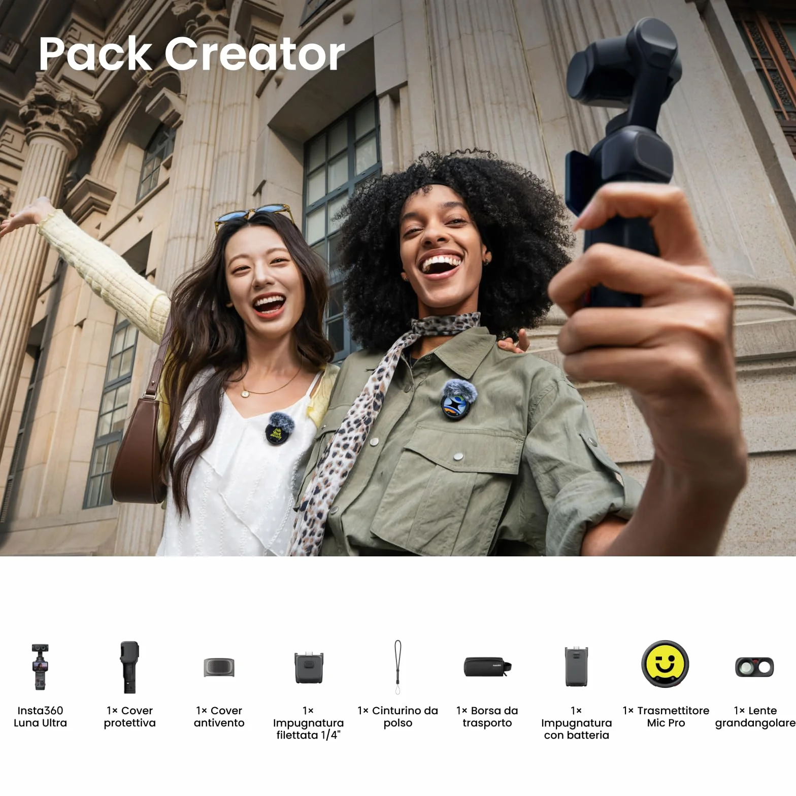 Insta360 Luna Ultra Pack Creator - Videocamera per vlog 8K con due obiettivi Leica, zoom 12x, sensore da 1", touchscreen rimovibile 2", triplo chip IA, videocamera gimbal tascabile per fotografia vlog