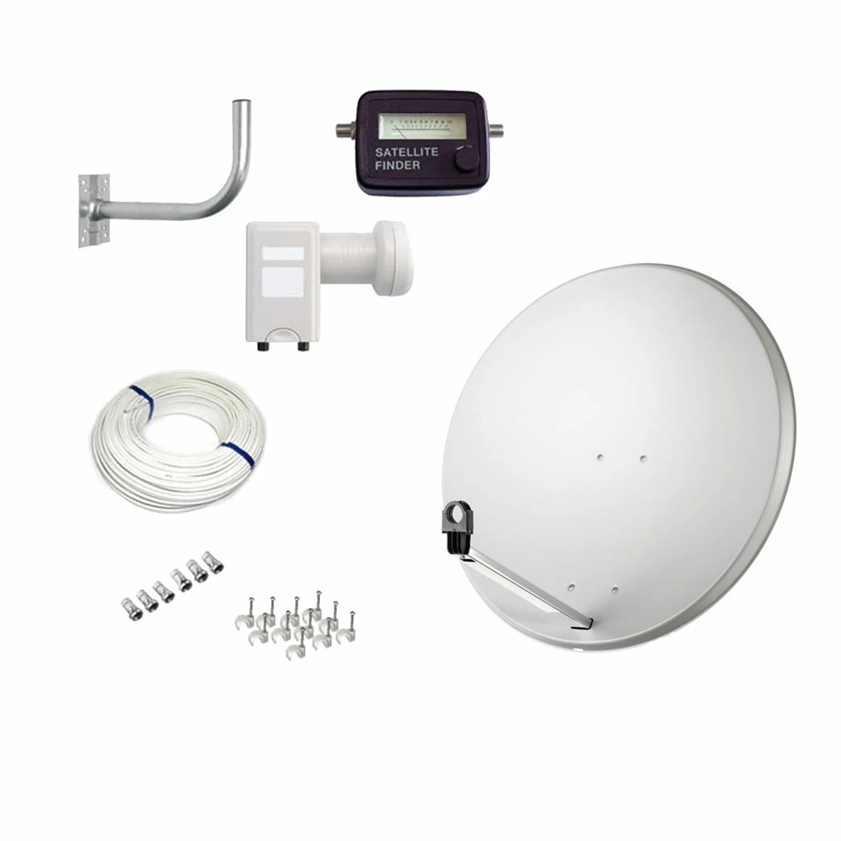 KIT PARABOLA 80CM + ILLUMINATORE LNB 2 USCITE OUT SPACE DIGITAL + PUNTATORE SATELLITARE + BRACCIO FISSAGGIO PARABOLA + CAVI CONNETTORI E CHIODINI MONTAGGIO