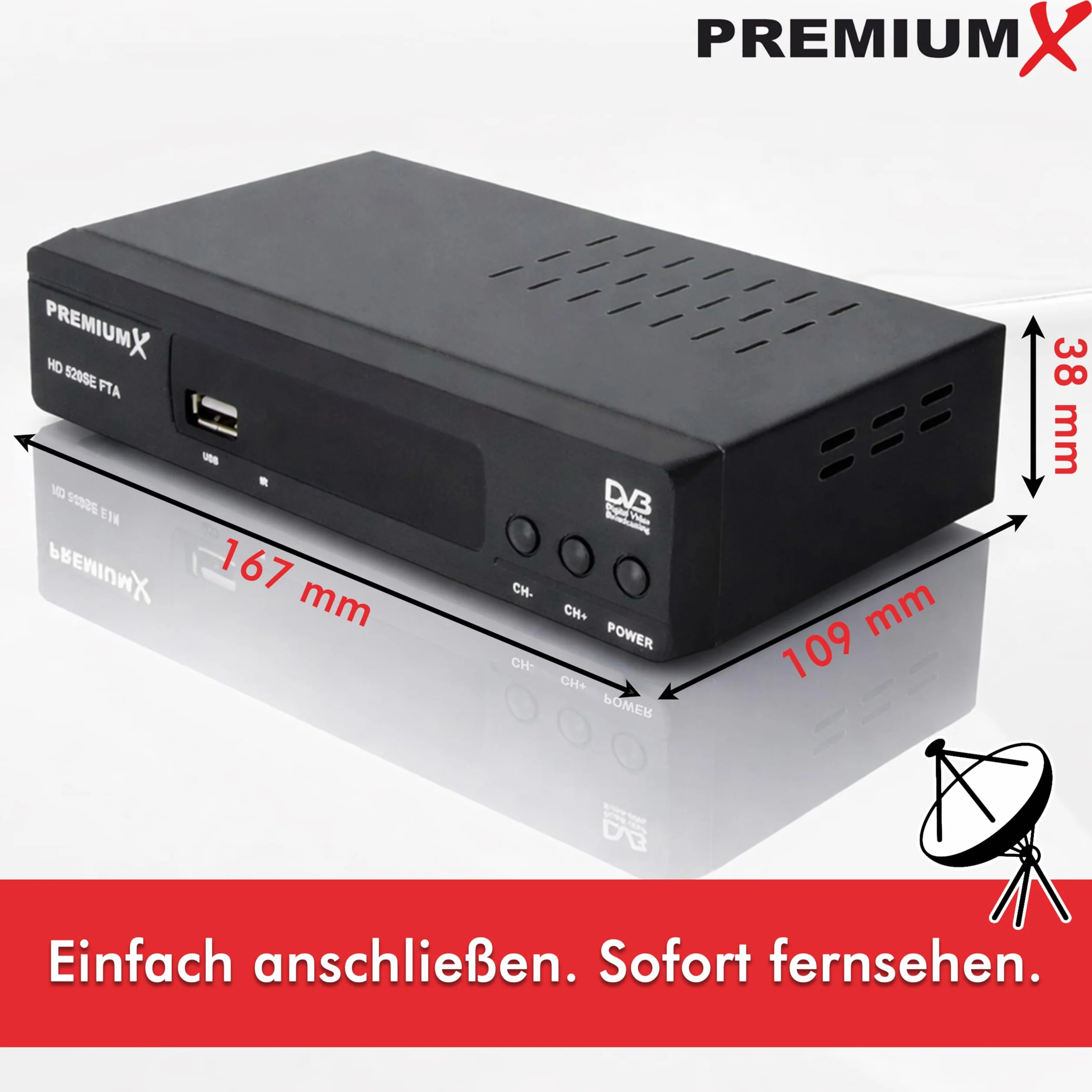 PremiumX Ricevitore satellitare HD 520SE FTA Digital SAT TV Receiver DVB-S2 FullHD HDMI SCART USB lettore multimediale, Astra Hotbird preprogrammato