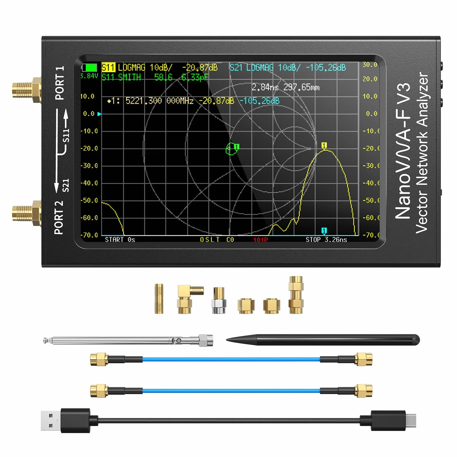 Seesii NanoVNA-F V3 Analizzatore di Antenne, 4,3 Pollici Analizzatore di Rete Vettoriale 1MHz-6GHz HF VHF UHF per Tensione dei Parametri S, SWR, Fase, Ritardo, Diagramma di Smith