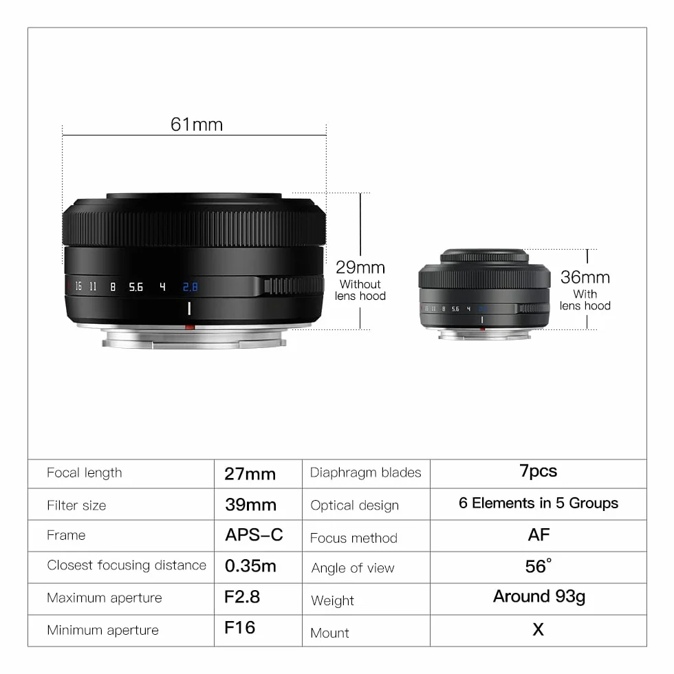 TTartisan 27mm F2.8 obiettivo autofocus, compatibile con fotocamere Fuji X-mount X-A5 X-A7 X-Ｍ1 X-Ｍ2 X-Ｈ1 X-T1 X-T10 X-T2 X-T20 X-T3 X- T４ X-T100 X-T200 X-T30 X-Pro1 X-Pro2 X-Pro3 X-E1 X-E2 X-E2S