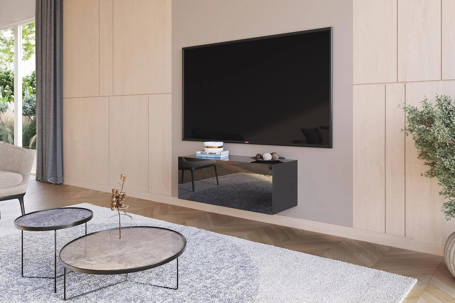 Nero Lucido Mobile TV Sospeso 90 cm Supporto tv Parete Attrezzata Soggiorno Moderno Pannello Porta TV per Camera Salotto Ingresso Moderna Armadio a Muro Credenza