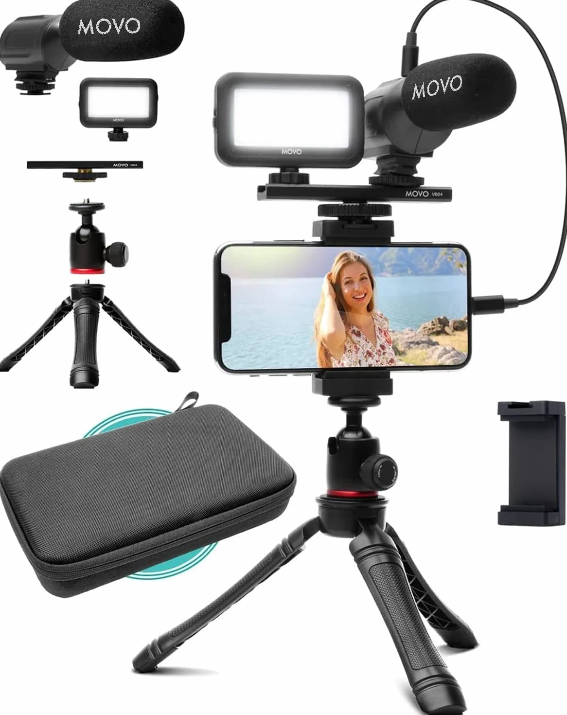 Movo iVlogger Kit para iPhone: Kit de Vlogging compatible con Lightning - Accesorios: Micrófono Direccional, Luz LED, Trípode para teléfono y Soporte para teléfono - Para YouTube o Kit de Vlogging