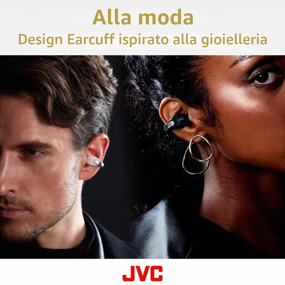 JVC Nearphones HA-NP1T-B, Cuffie in stile Earcuff con archetto lucido, vestibilità comoda, connessione multipoint, Bluetooth 5.3, autonomia di 24 ore, compatibili con app - Nero