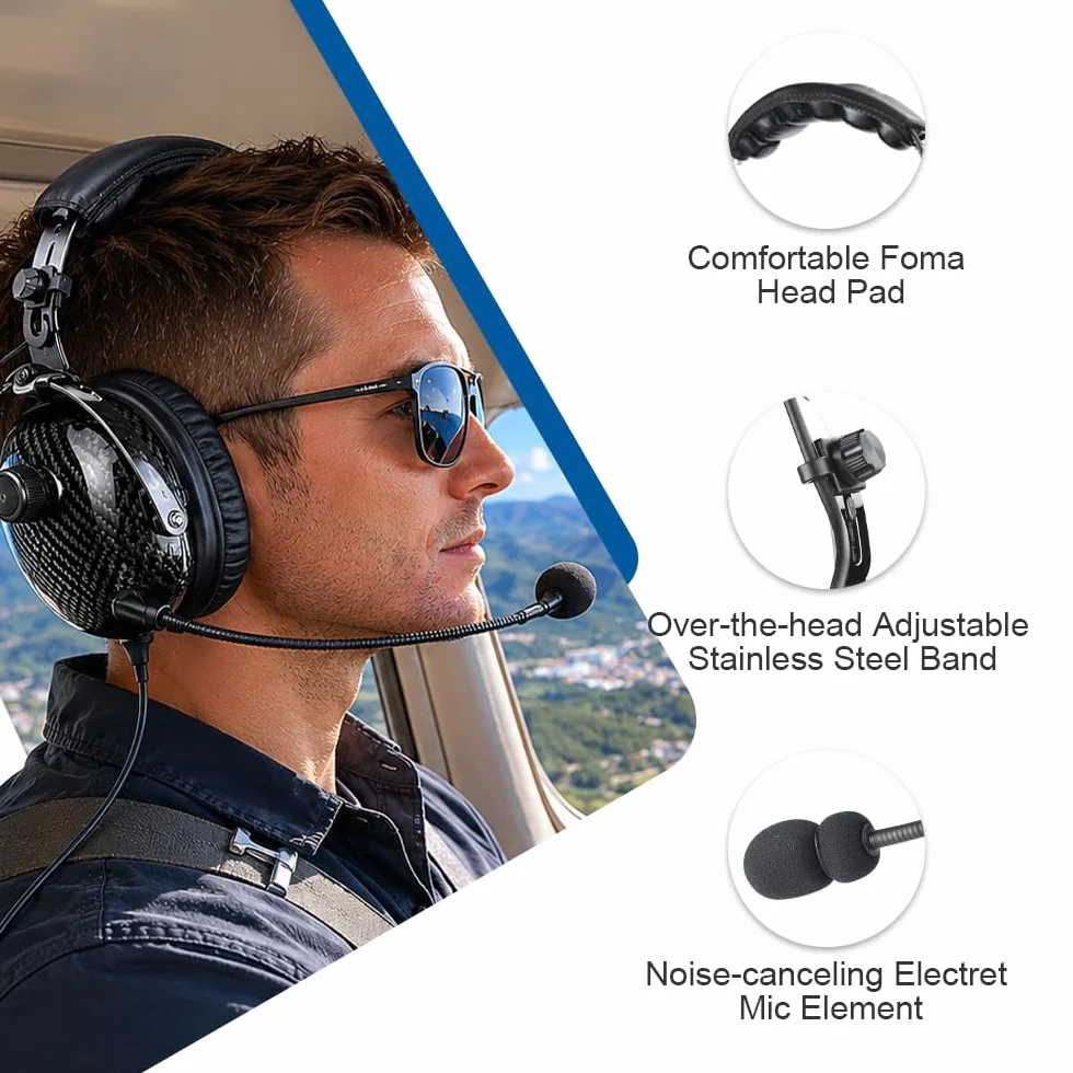 Cuffie aviazione in fibra di carbonio con riduzione passiva del rumore, compatibilità mono e stereo, microfono con cancellazione del rumore, ingresso MP3, include borsa per cuffie