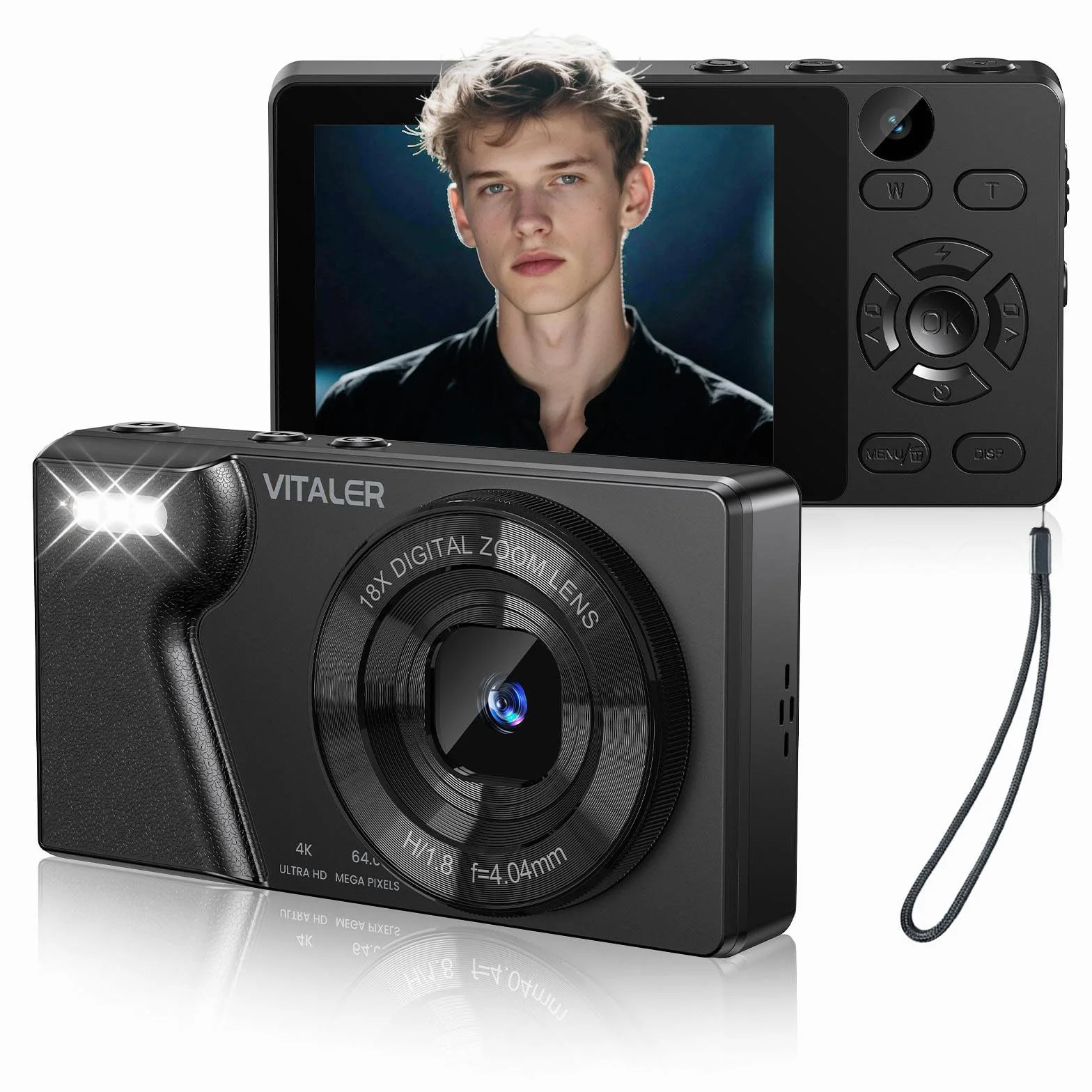 Macchina Fotografica Digitale 64MP 4K con Doppio Obiettivo,Batteria da 2000 mAh,Scocca in Lega di Zinco,Schermo LCD da 2,8",Zoom Digitale 18x per Principianti(Nero,NESSUNA SCHEDA SD)