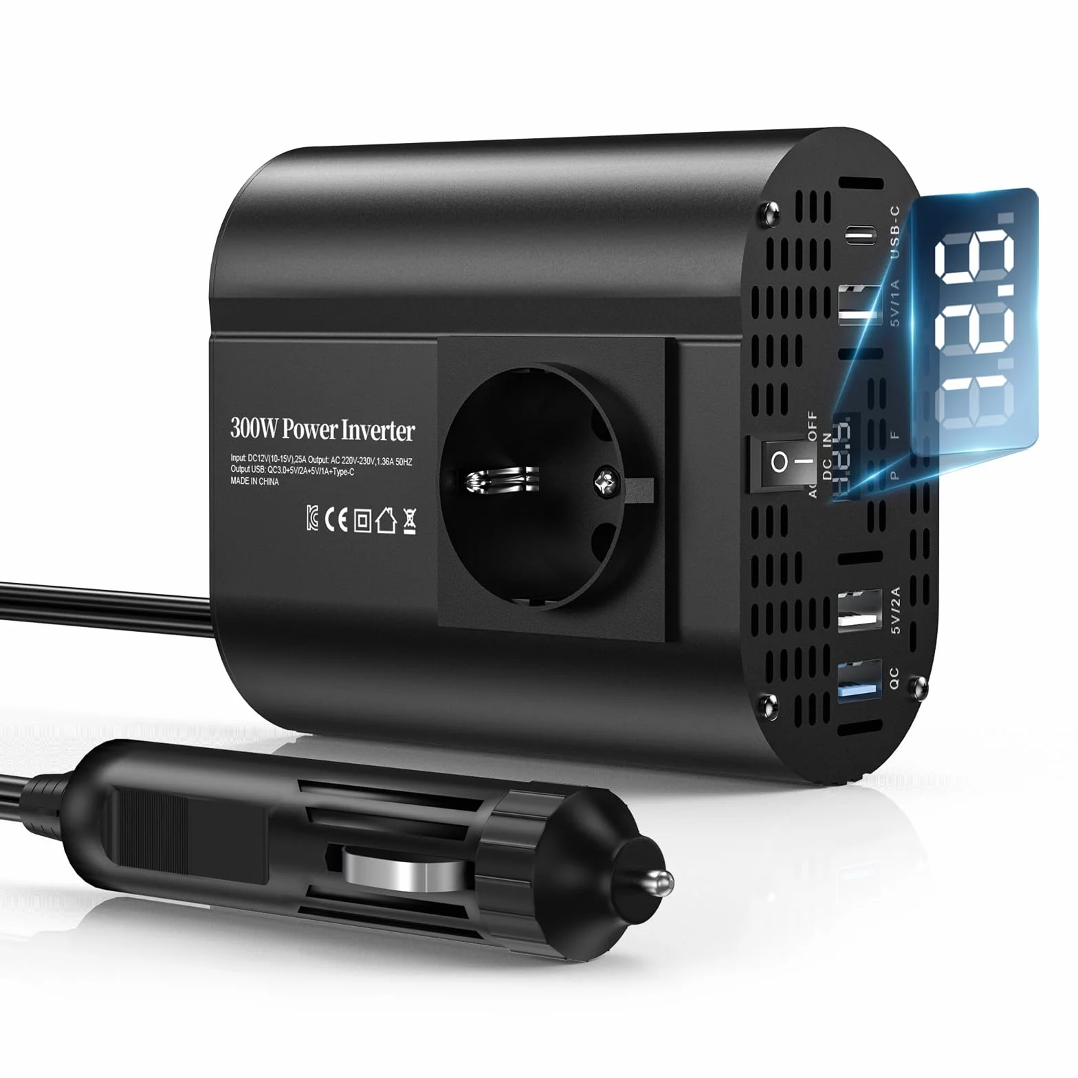 300W inverter 12v 220v, inverter auto con 1 presa, tipo C 30W, ricarica rapida USB 25W, 3 porte USB, display LED